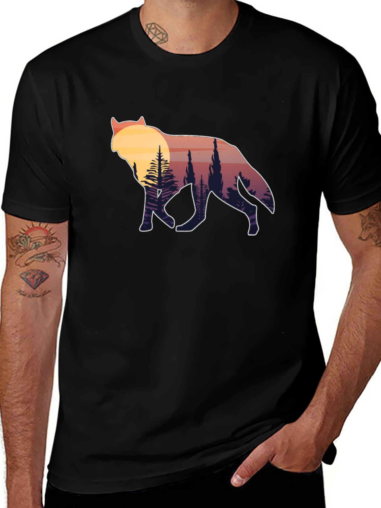 Wolf Silhouette Graphic Tee - Sunset Forest Design