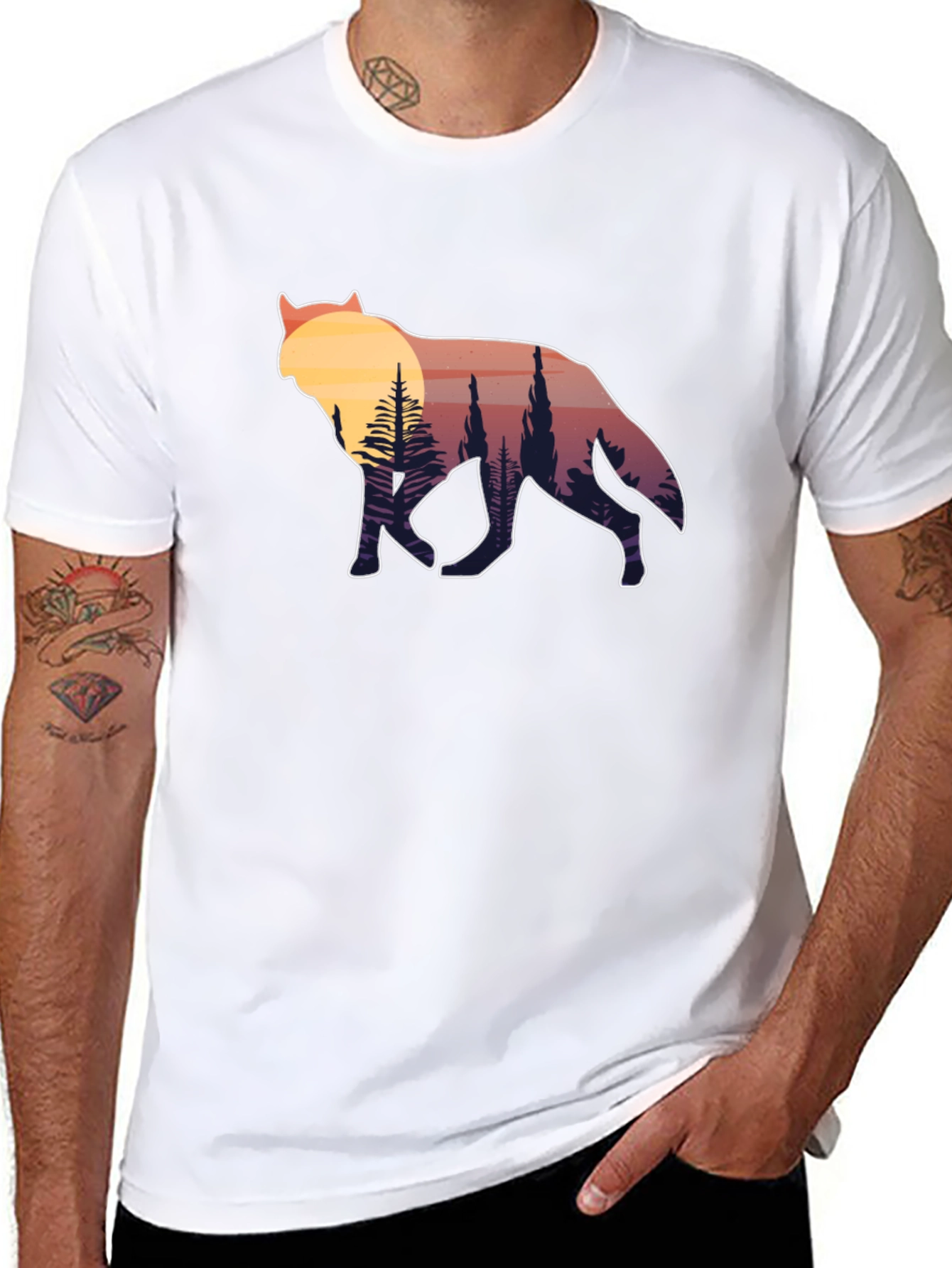 Wolf Silhouette Graphic Tee - Sunset Forest Design