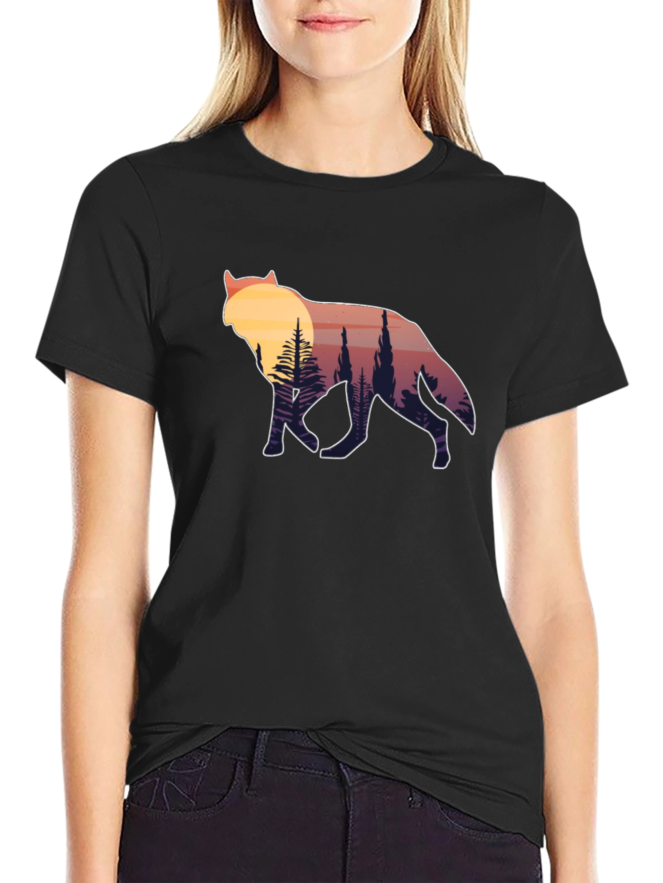 Wolf Silhouette Graphic Tee - Sunset Forest Design
