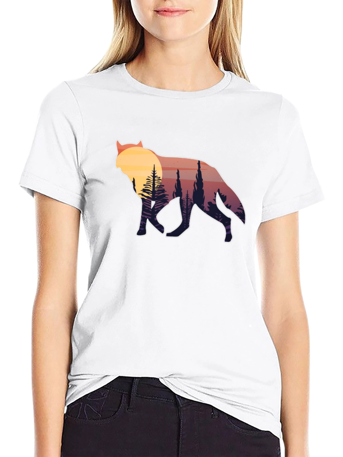 Wolf Silhouette Graphic Tee - Sunset Forest Design