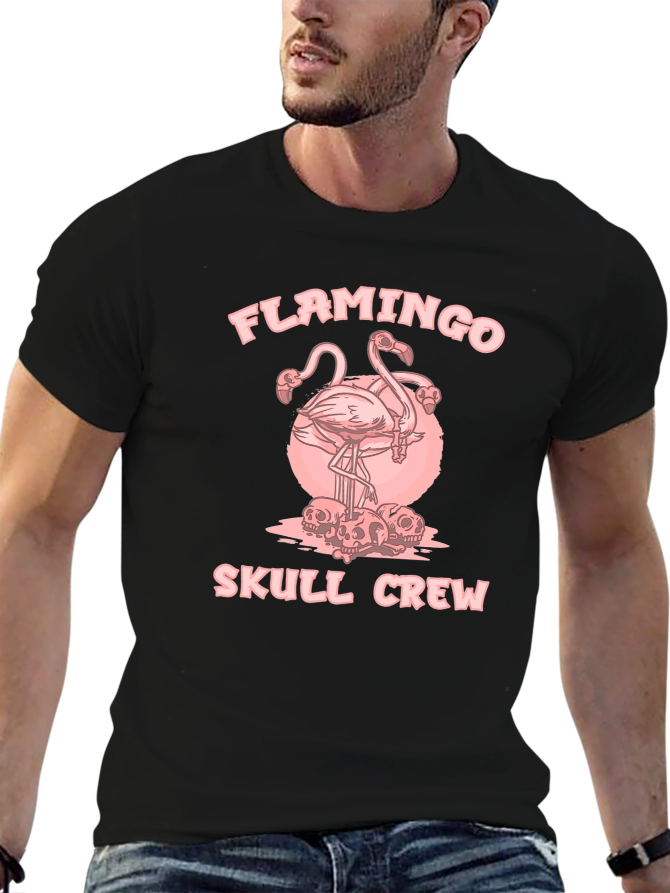 Flamingo Skull Crew Black Graphic Tee