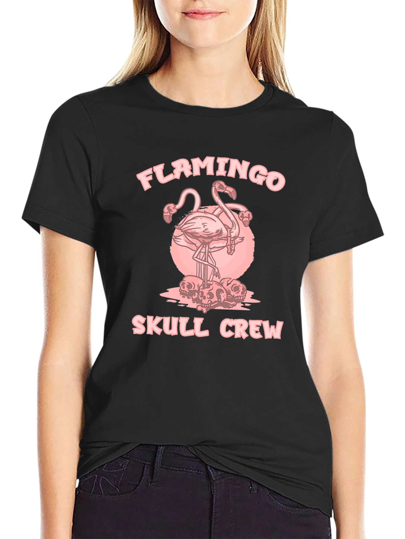 Flamingo Skull Crew Black Graphic Tee