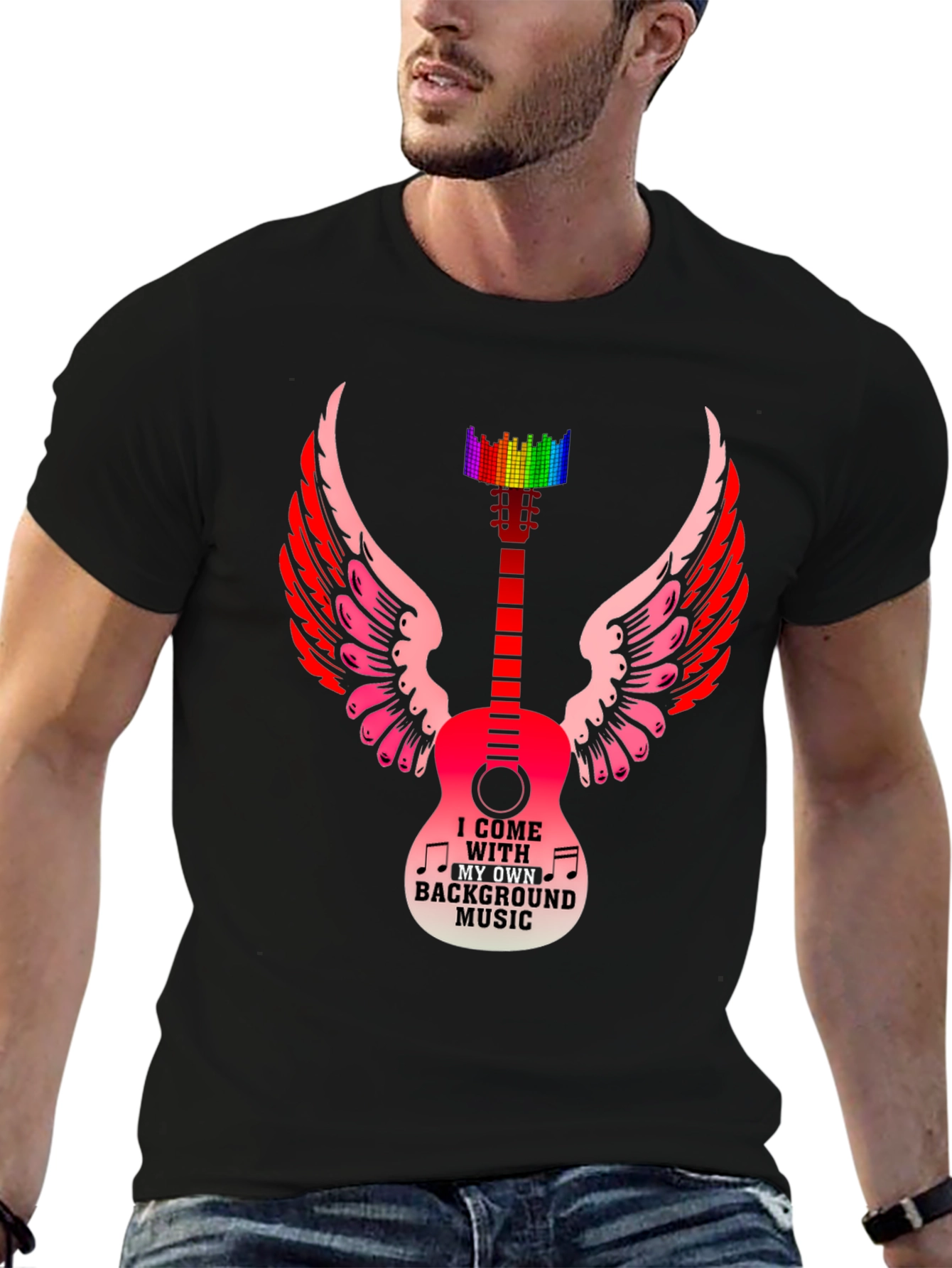 Musical Wings T-Shirt - Guitar & Rainbow Equalizer Design