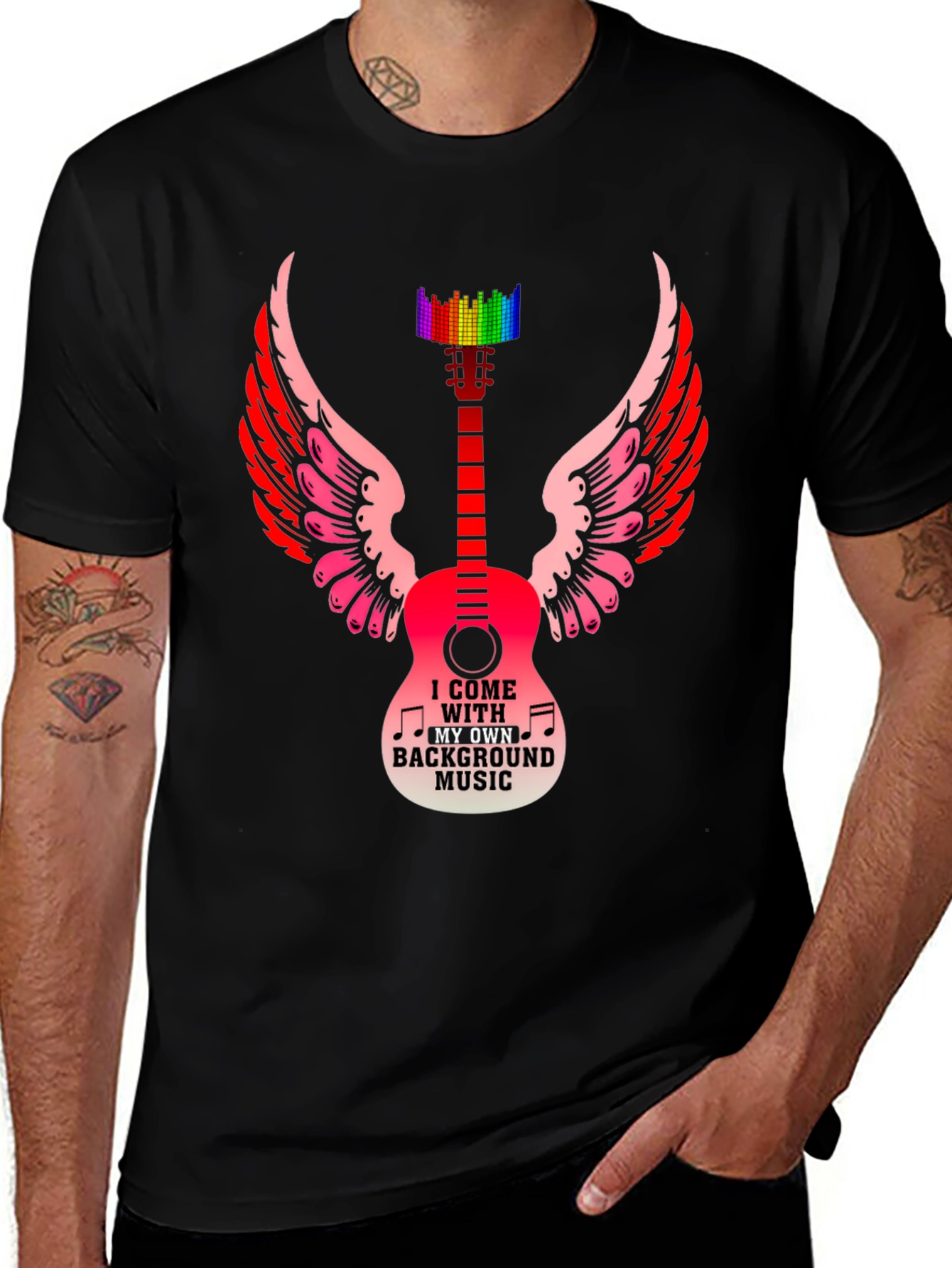 Musical Wings T-Shirt - Guitar & Rainbow Equalizer Design