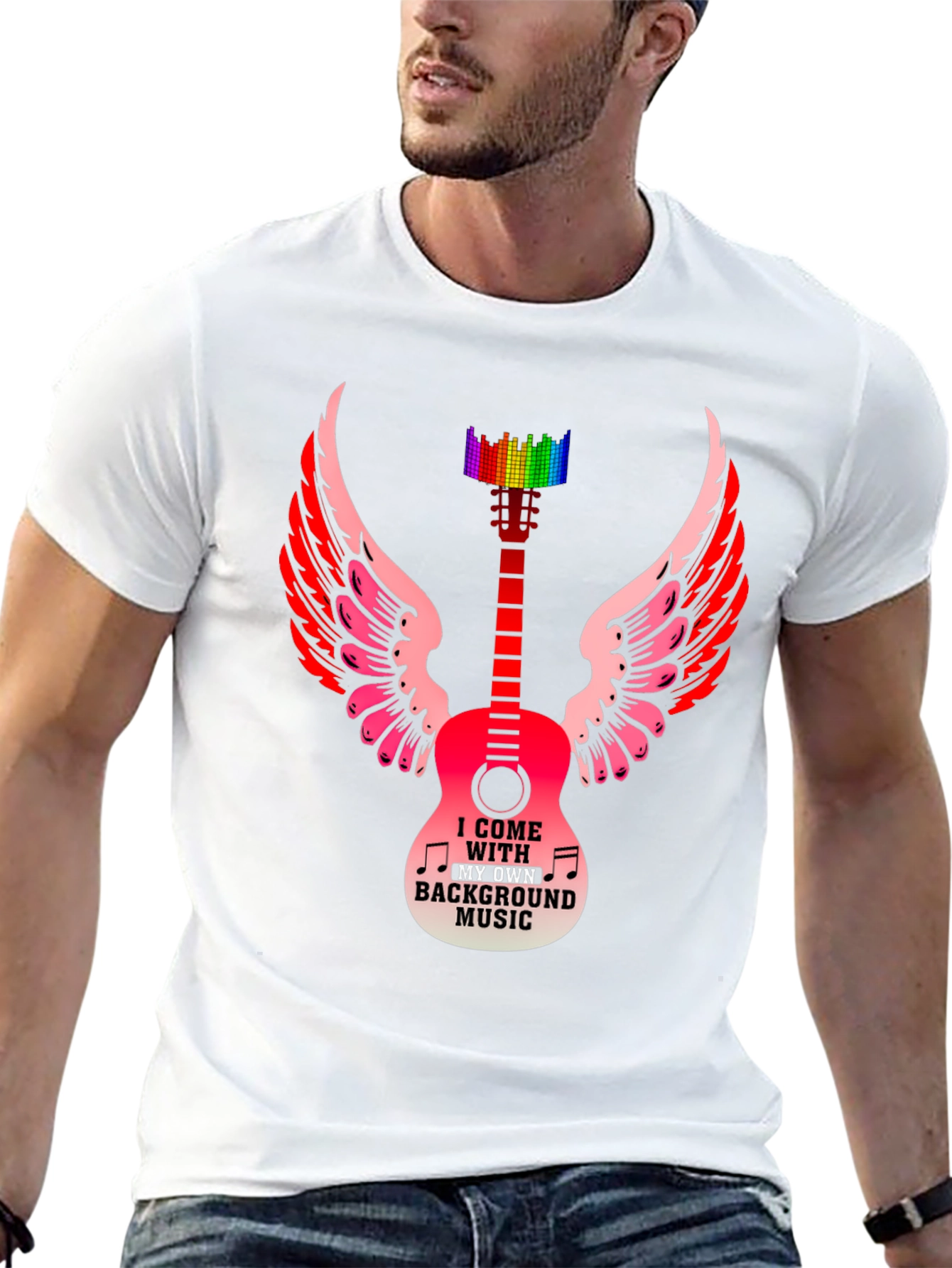 Musical Wings T-Shirt - Guitar & Rainbow Equalizer Design