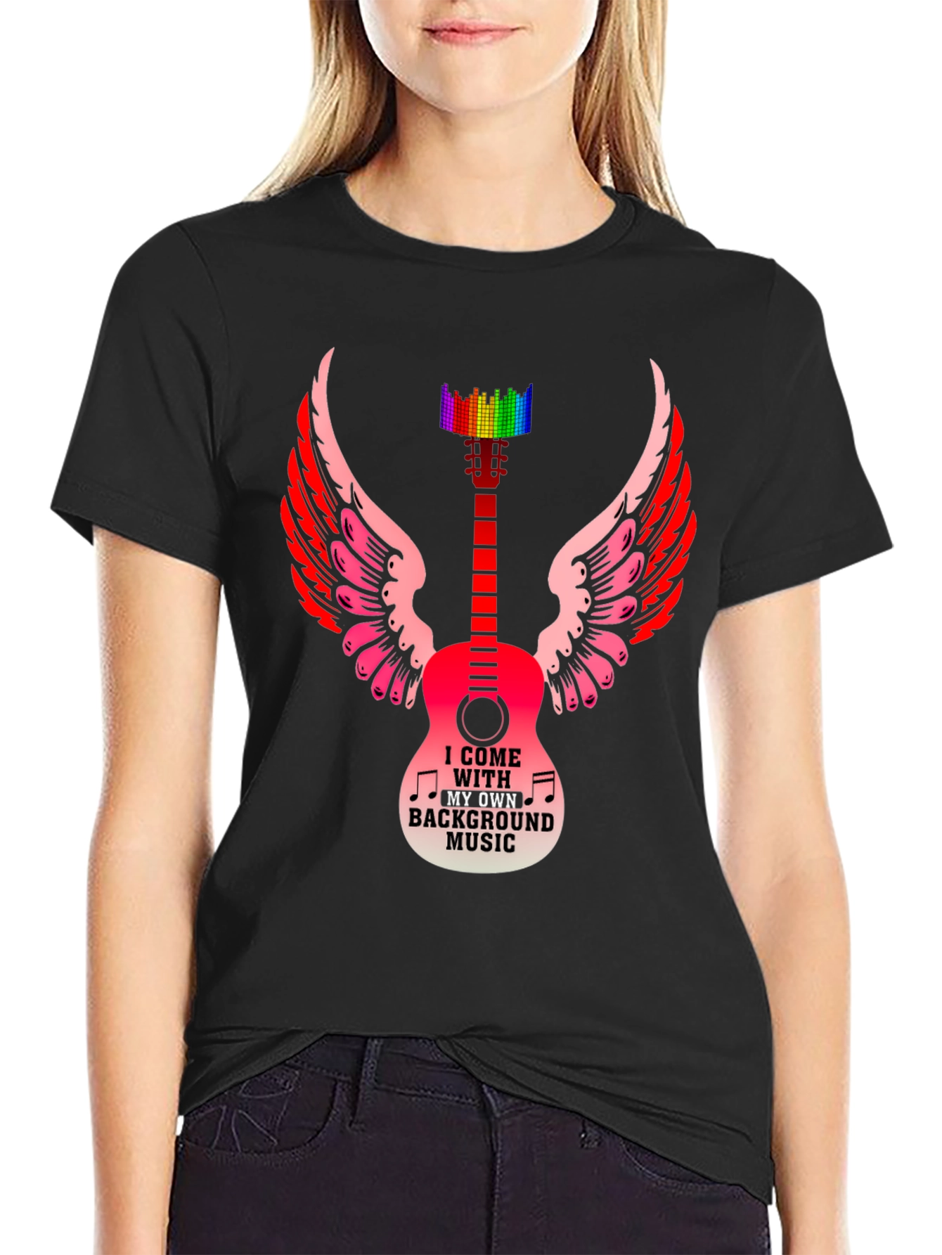 Musical Wings T-Shirt - Guitar & Rainbow Equalizer Design