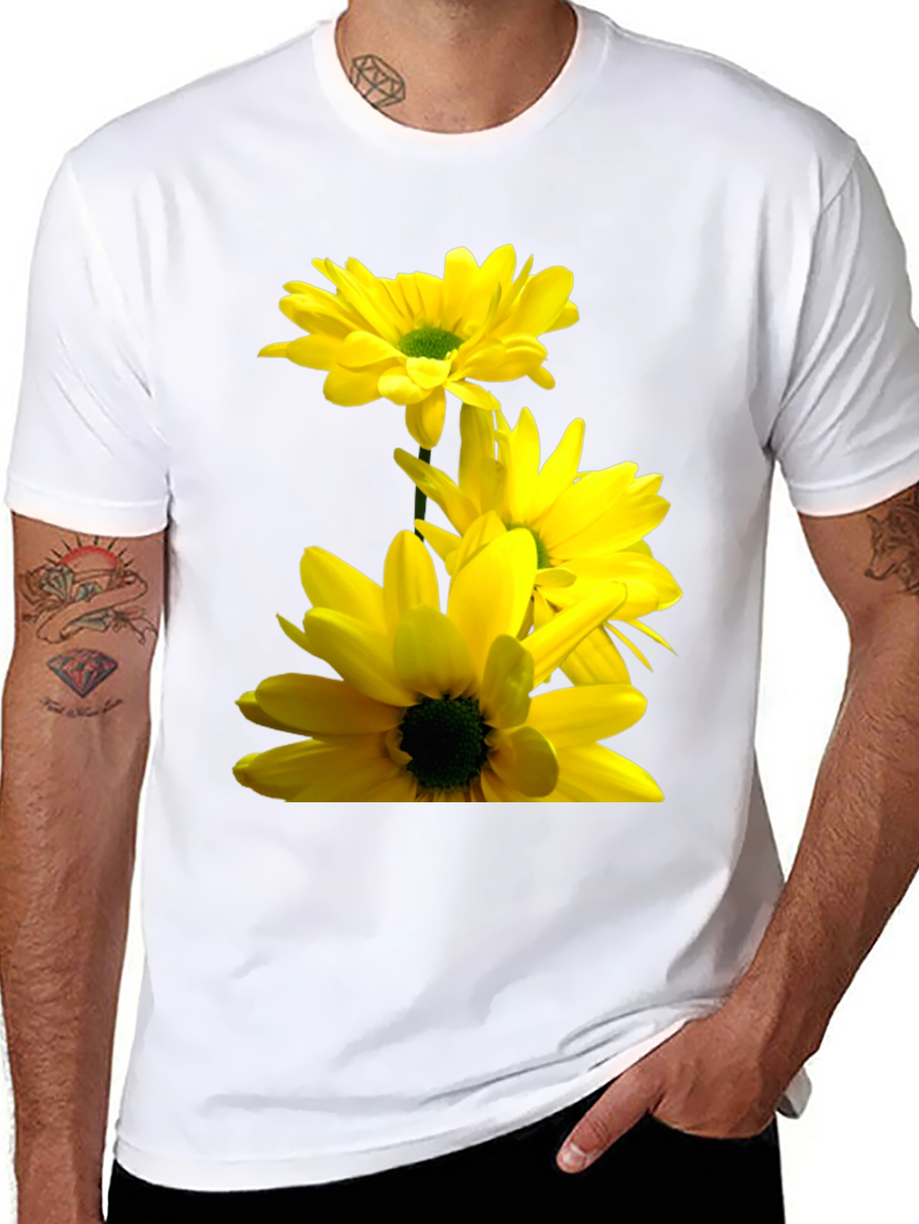 Black T-Shirt with Yellow Daisy Flower Print