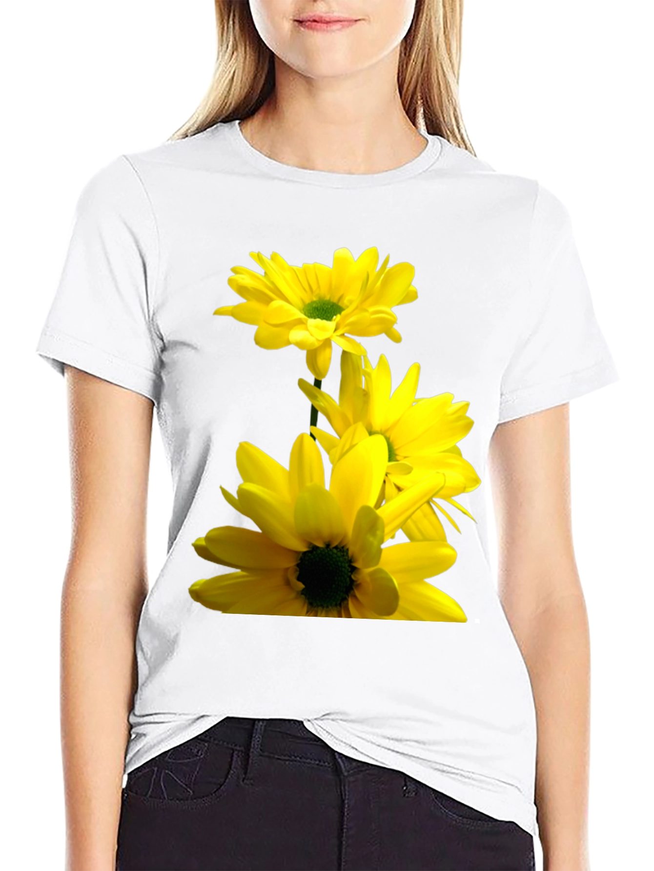 Black T-Shirt with Yellow Daisy Flower Print