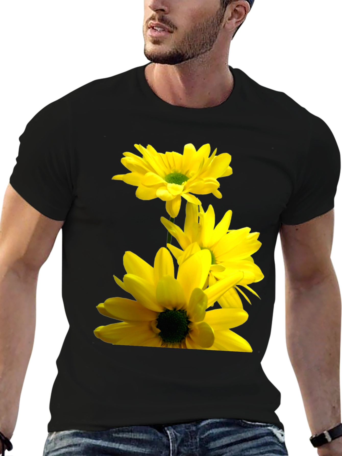 Black T-Shirt with Yellow Daisy Flower Print