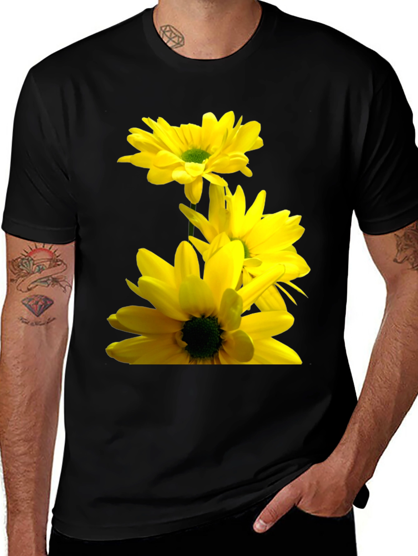 Black T-Shirt with Yellow Daisy Flower Print