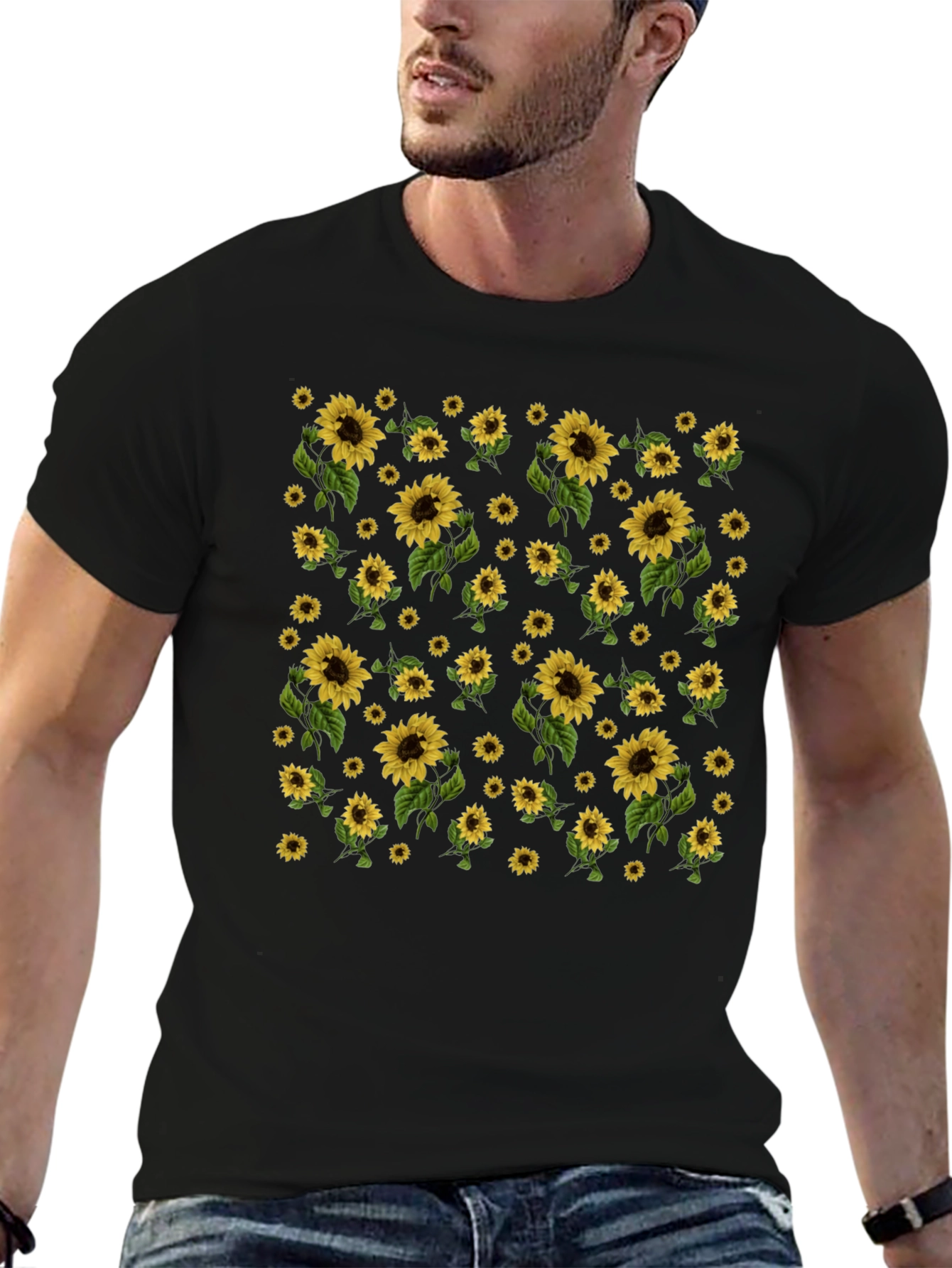 Sunflower Print Black T-Shirt - Casual Style
