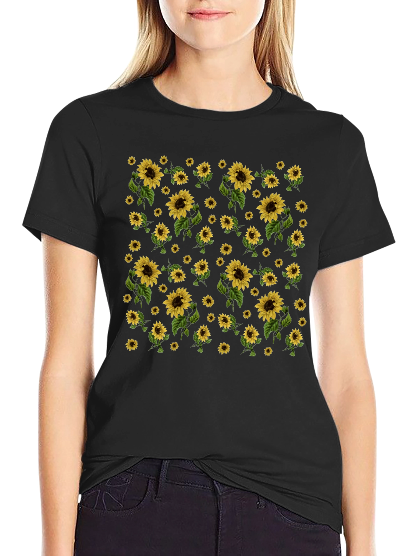 Sunflower Print Black T-Shirt - Casual Style