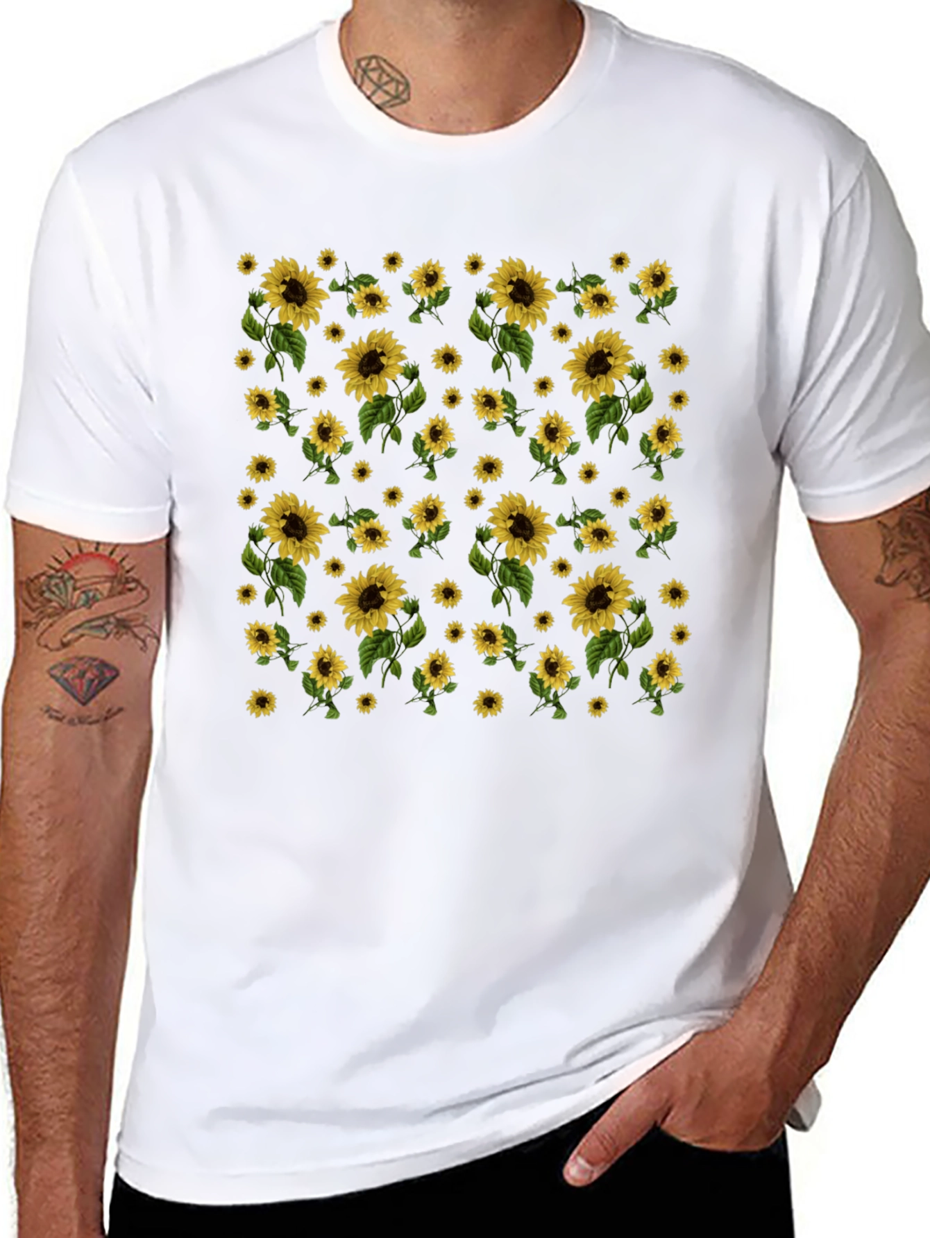 Sunflower Print Black T-Shirt - Casual Style