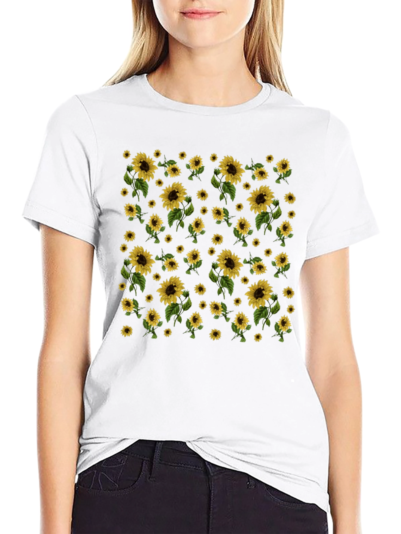 Sunflower Print Black T-Shirt - Casual Style