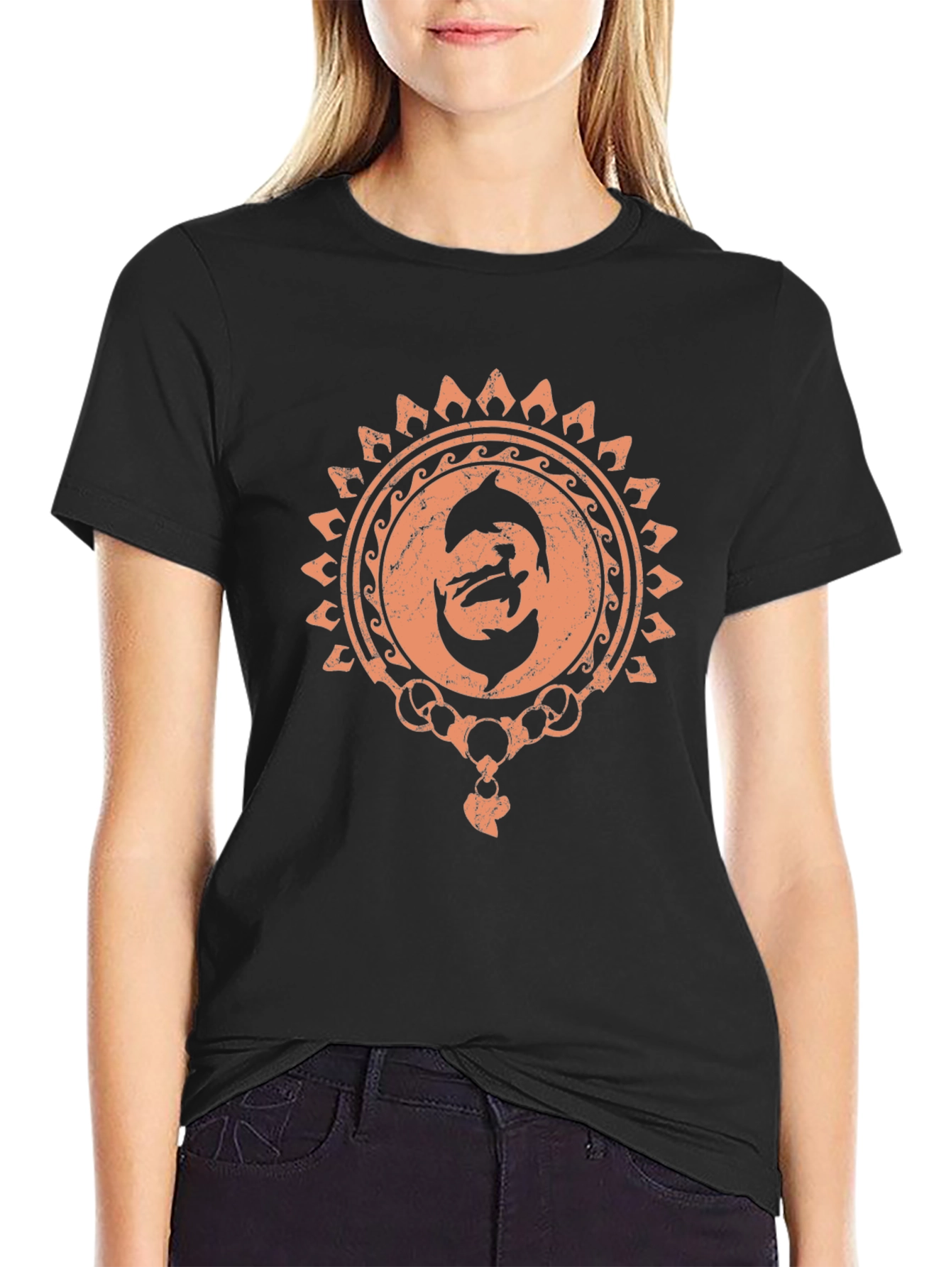 Dolphin Sun Graphic Black T-Shirt