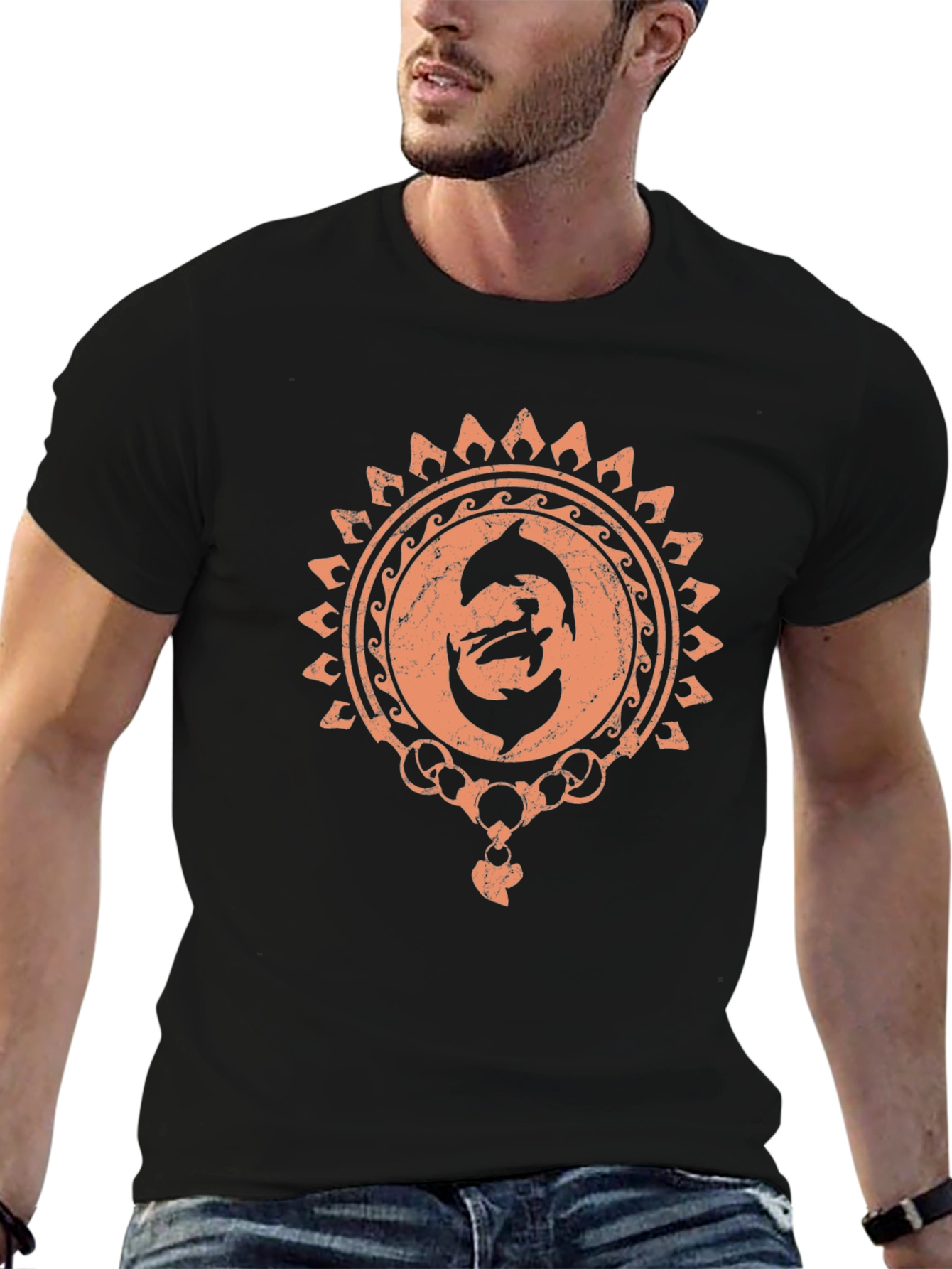 Dolphin Sun Graphic Black T-Shirt