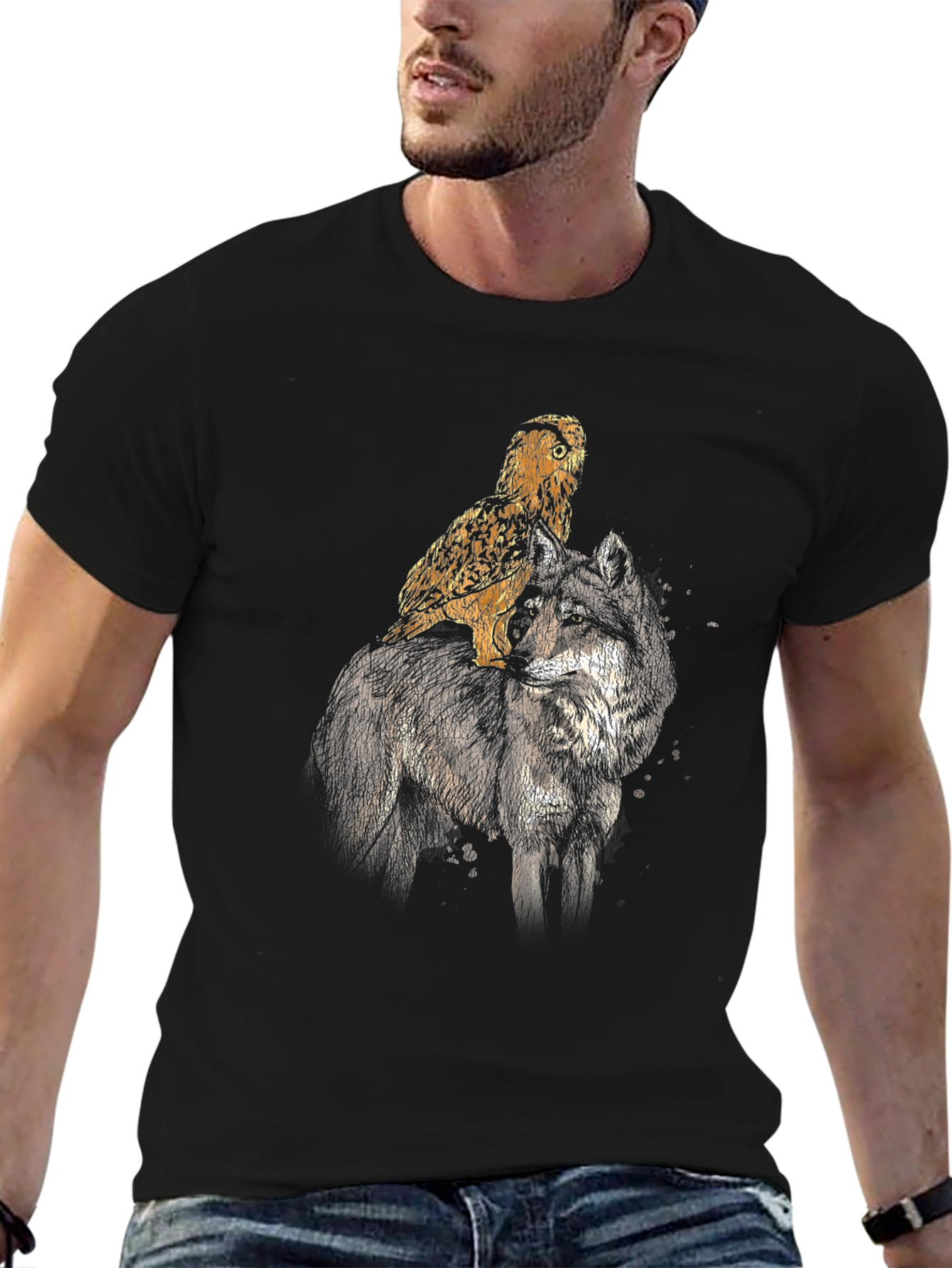 Wolf & Owl Graphic Tee - Black Cotton Blend