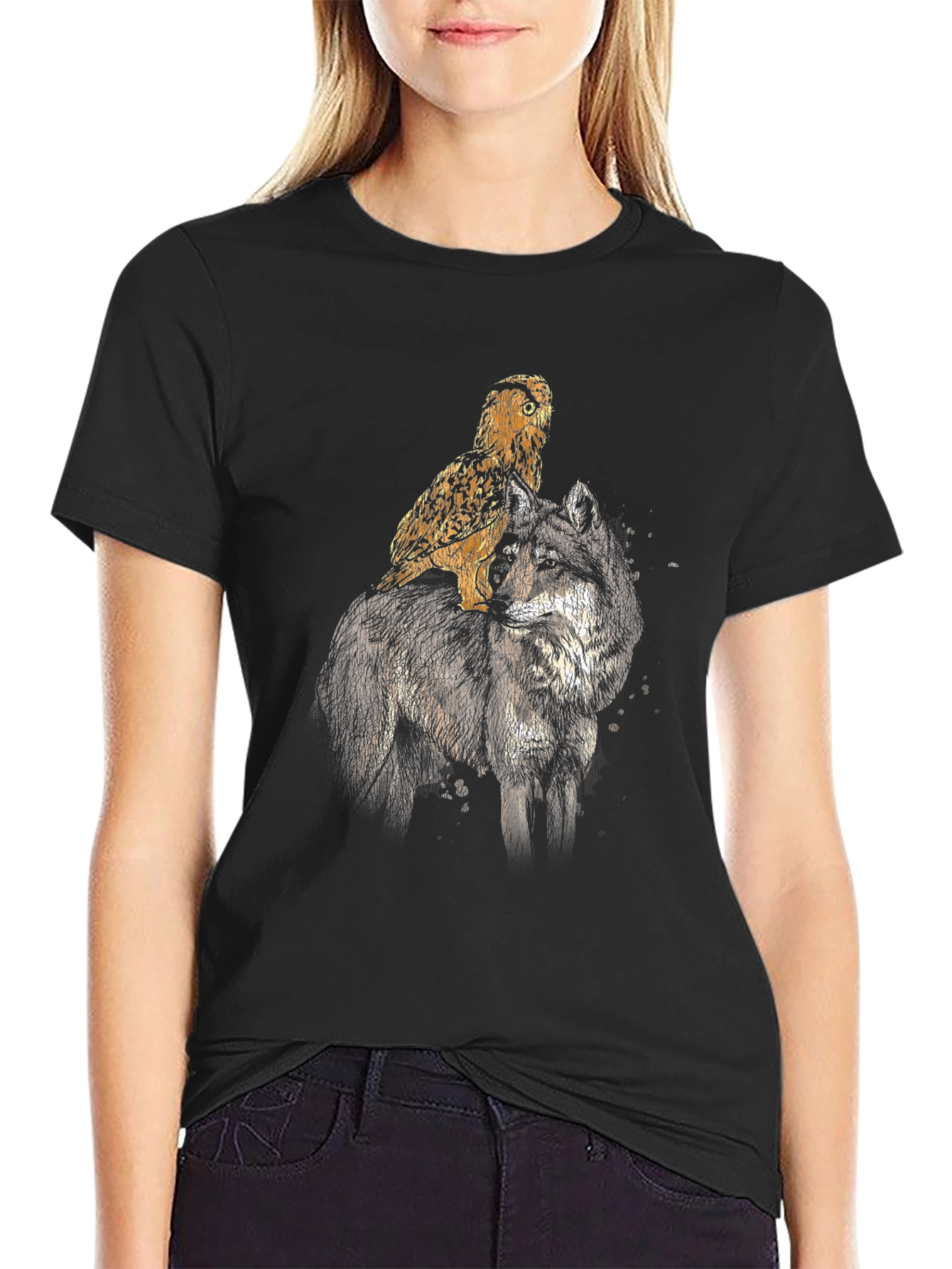 Wolf & Owl Graphic Tee - Black Cotton Blend