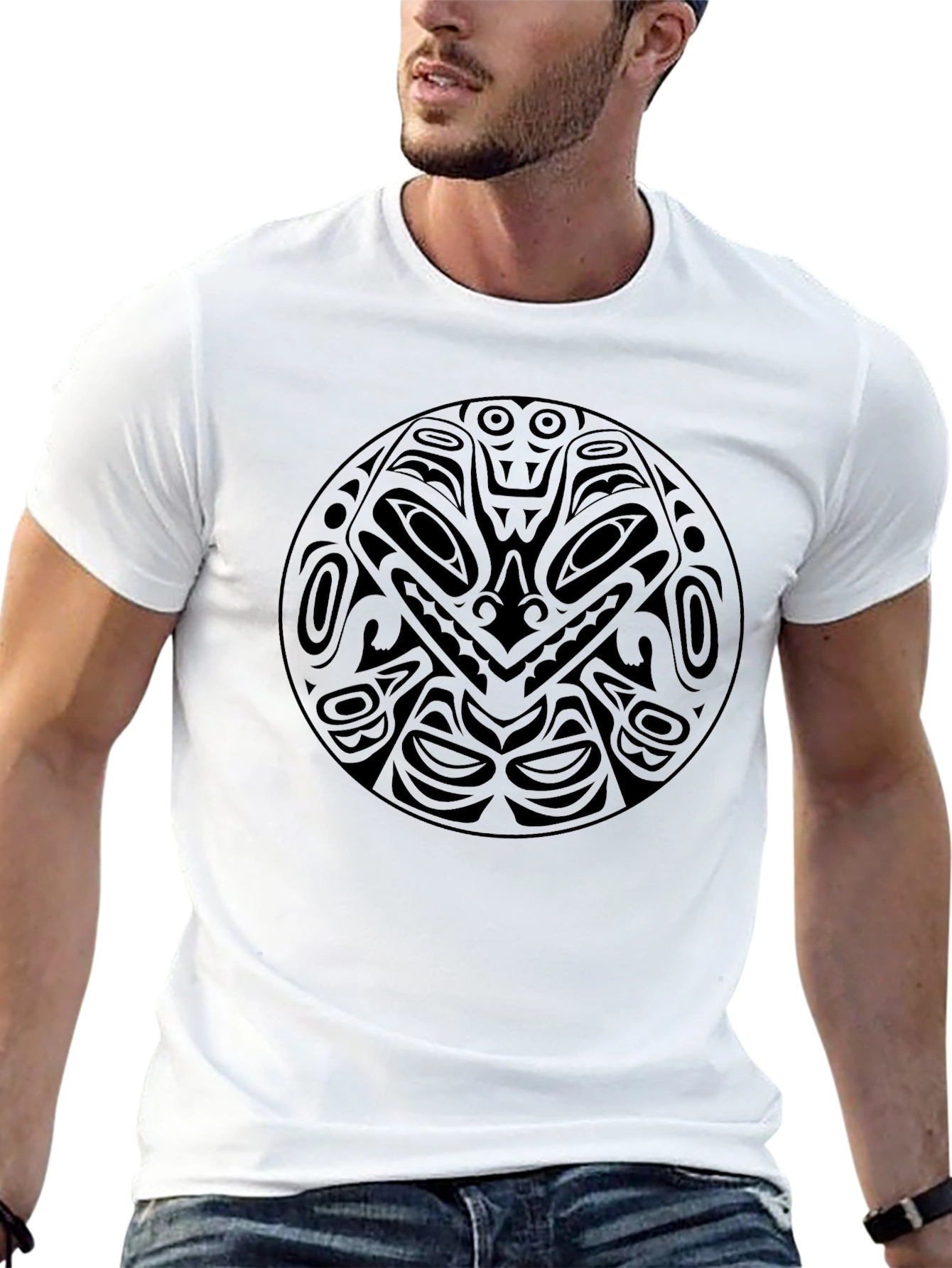 Black T-Shirt with Tribal Circle Graphic Design