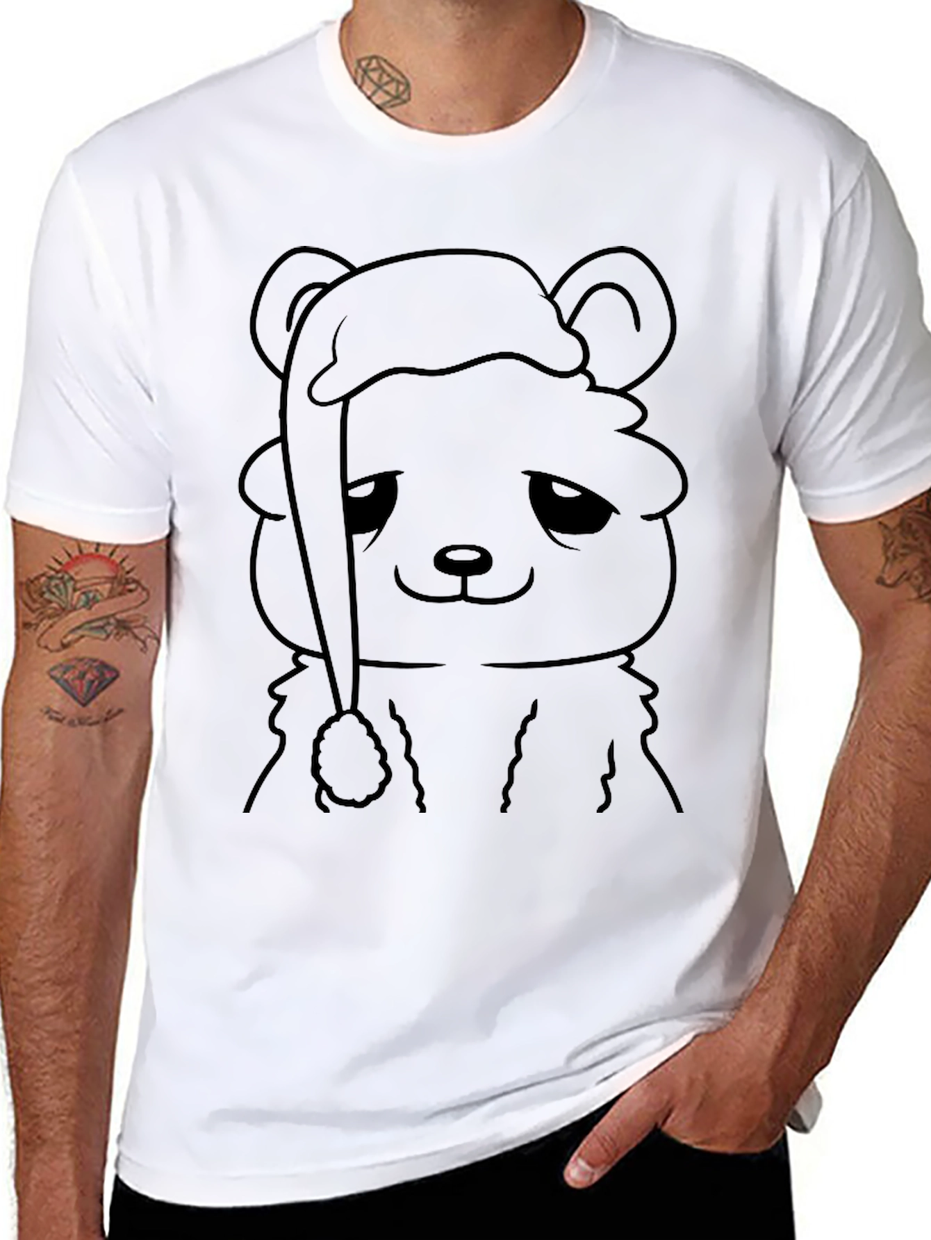 Sad Bear Santa Hat Black T-Shirt