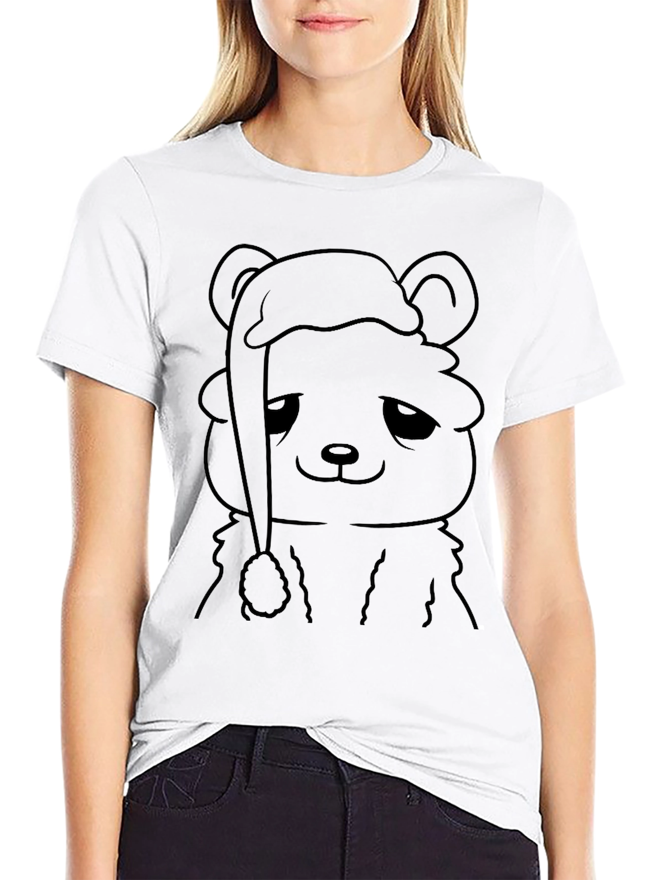 Sad Bear Santa Hat Black T-Shirt