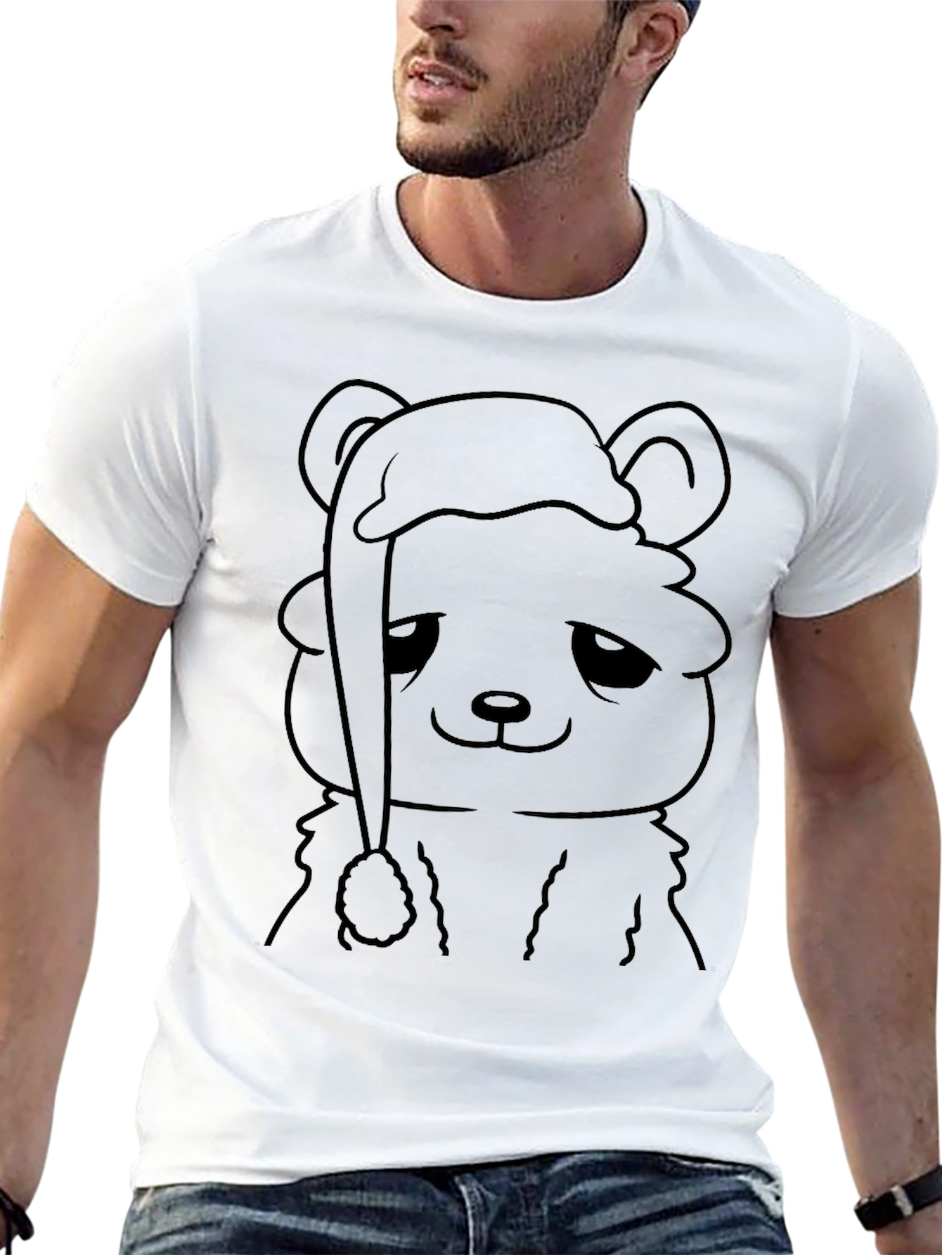 Sad Bear Santa Hat Black T-Shirt