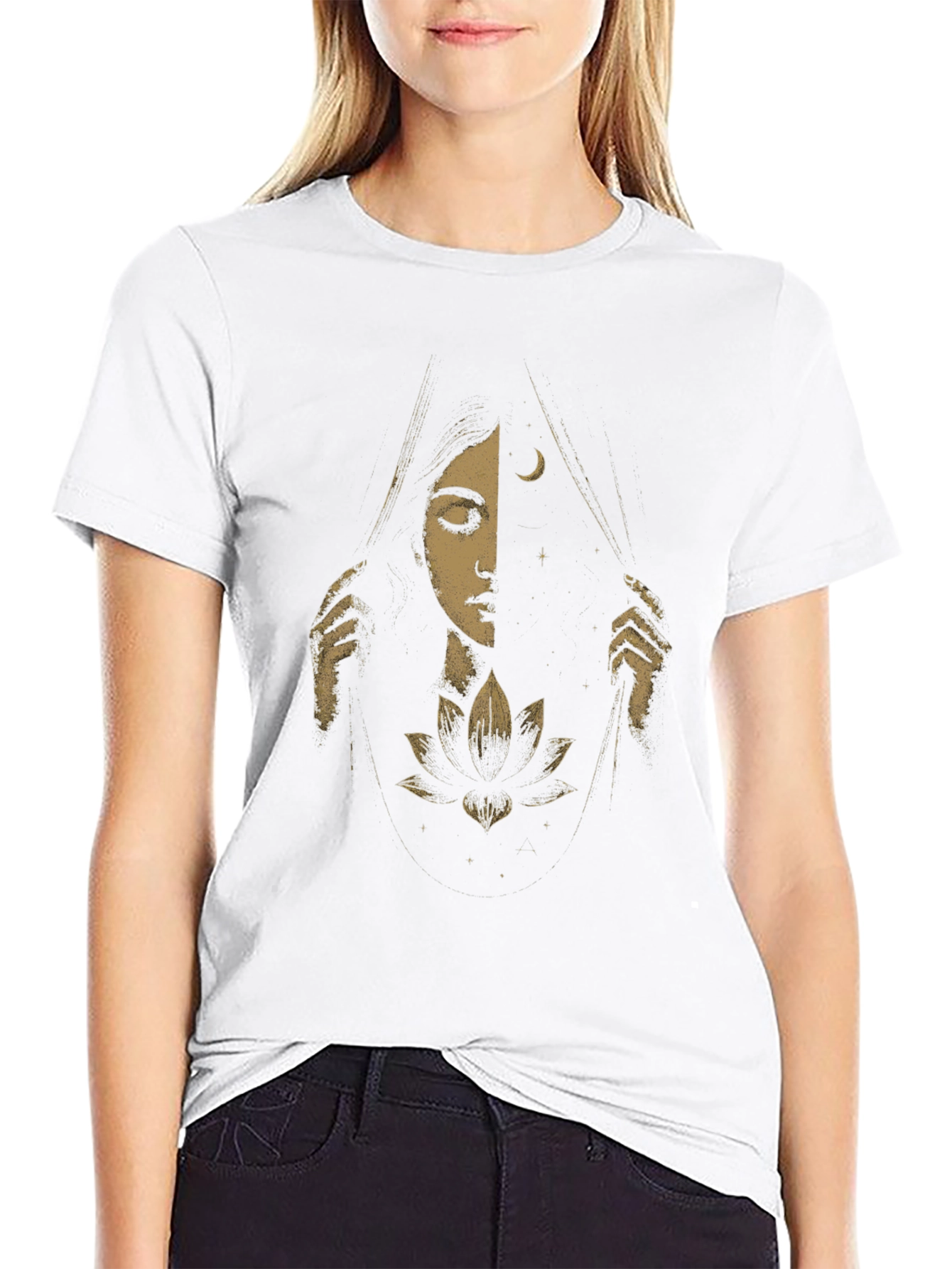 Celestial Lotus Graphic Tee - Black Cotton T-Shirt