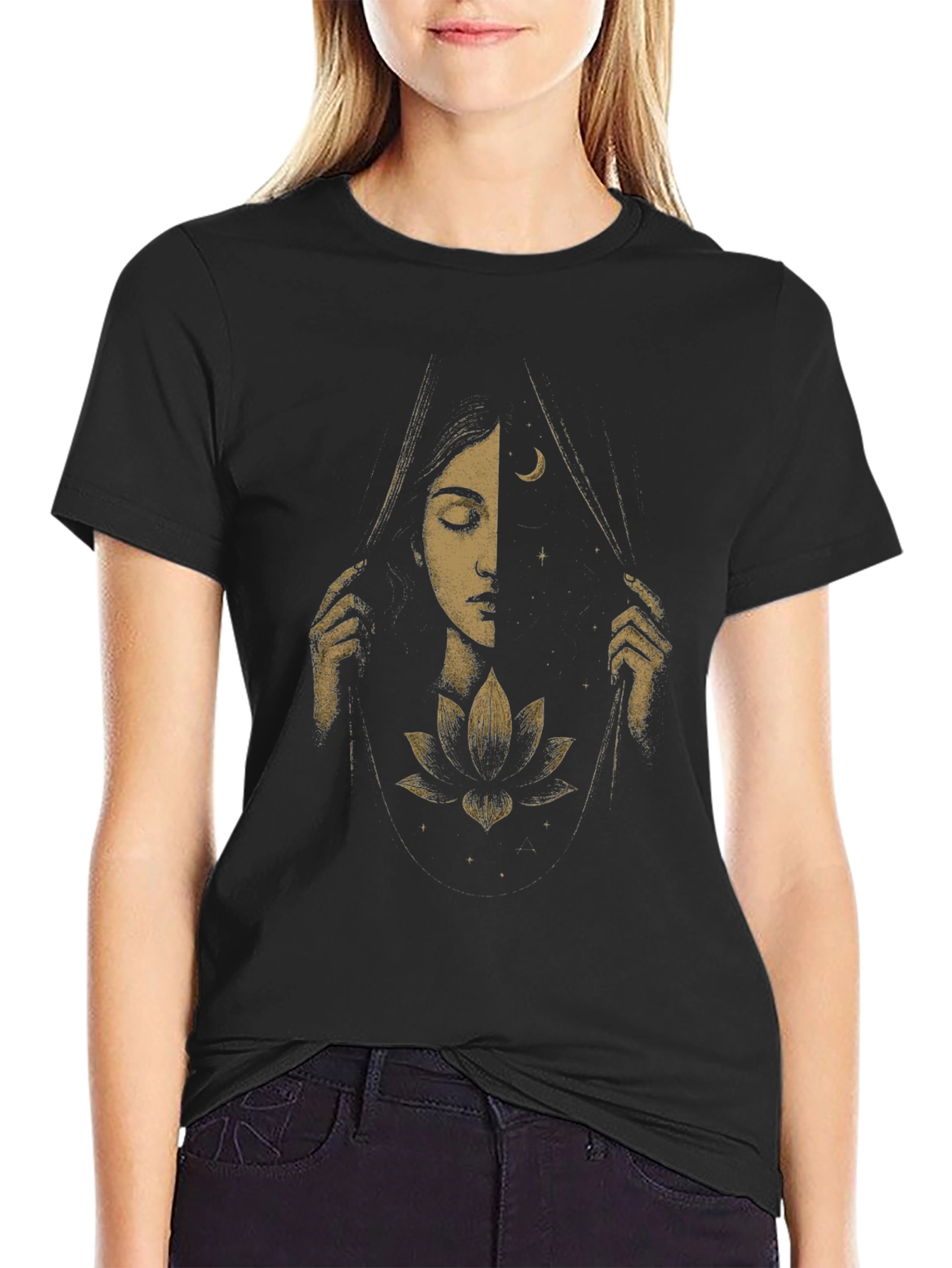 Celestial Lotus Graphic Tee - Black Cotton T-Shirt
