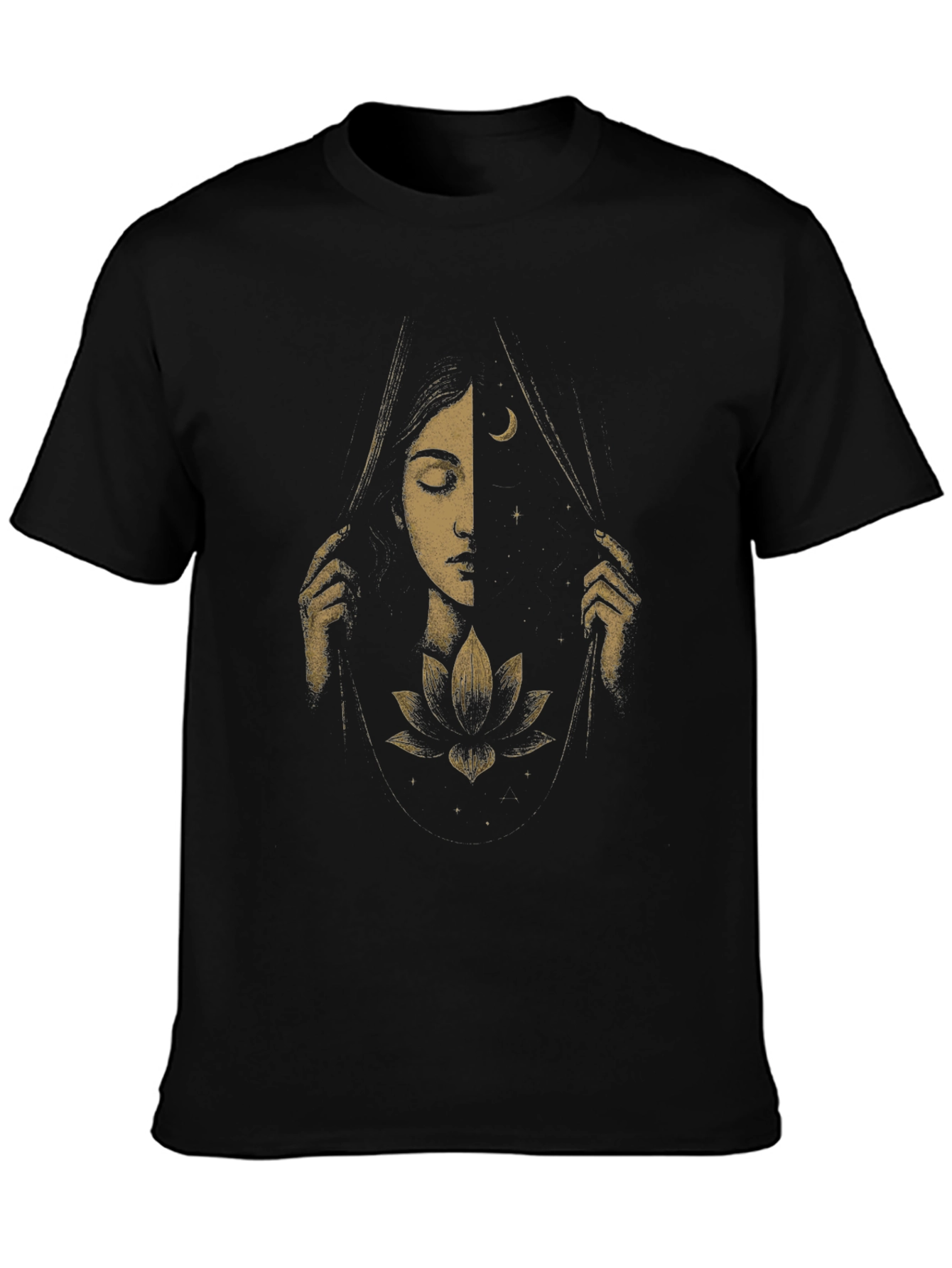 Celestial Lotus Graphic Tee - Black Cotton T-Shirt
