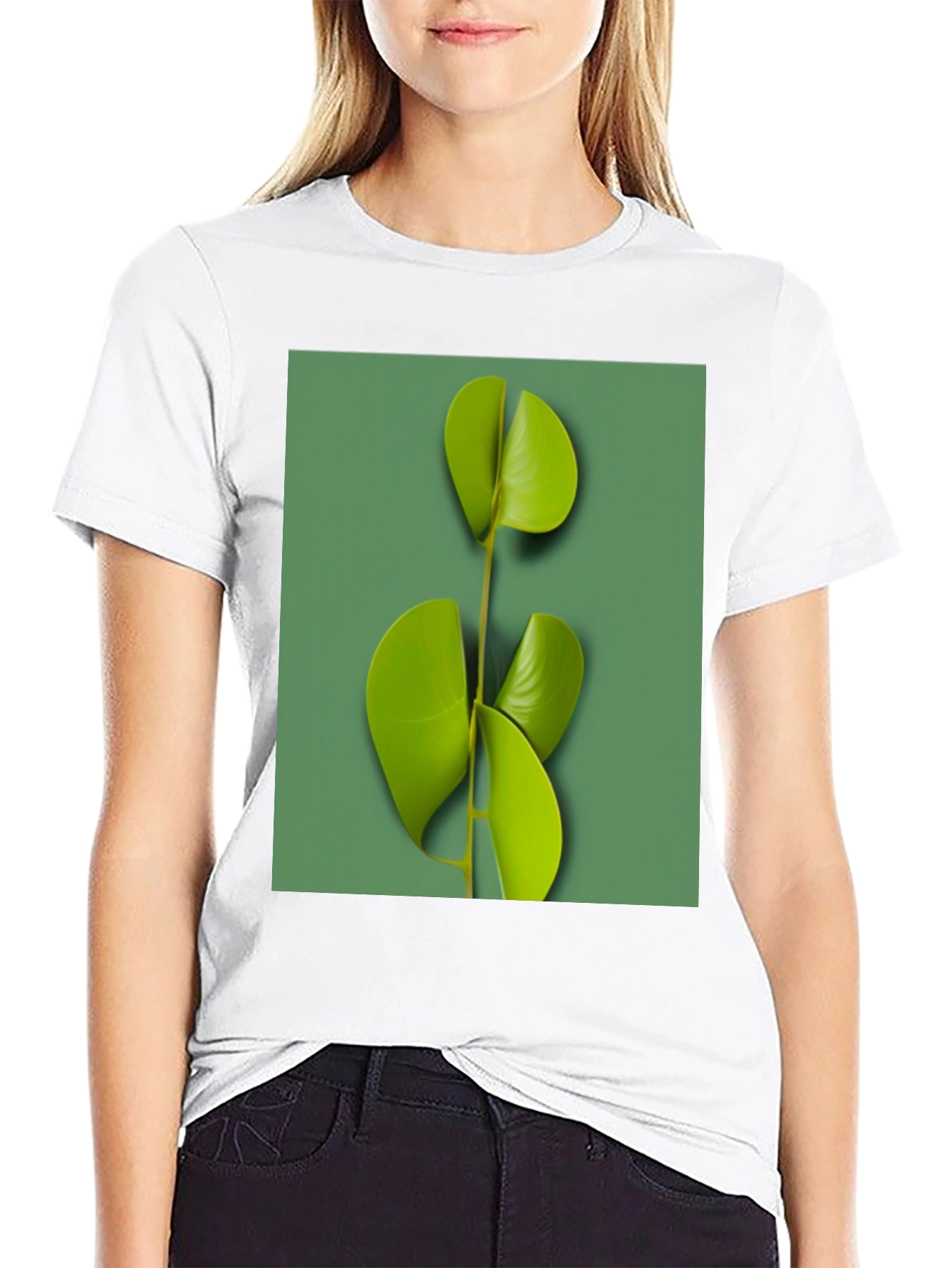 Modern Leaf Print Black T-Shirt