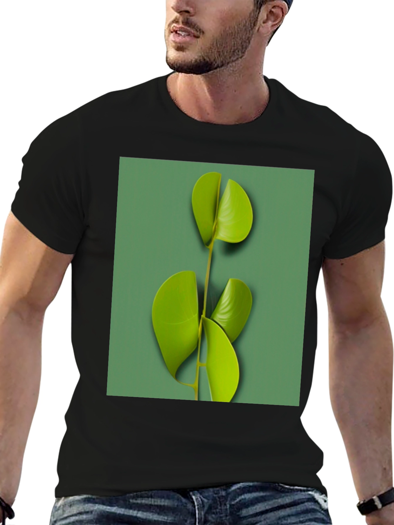 Modern Leaf Print Black T-Shirt