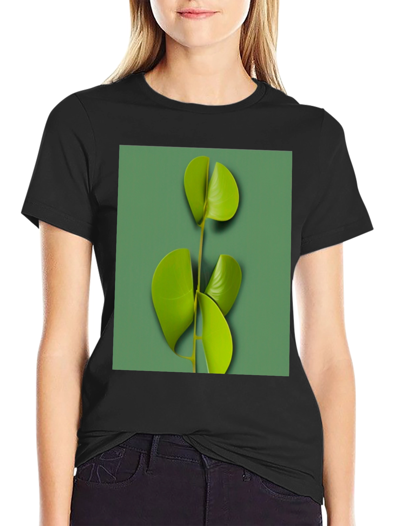 Modern Leaf Print Black T-Shirt