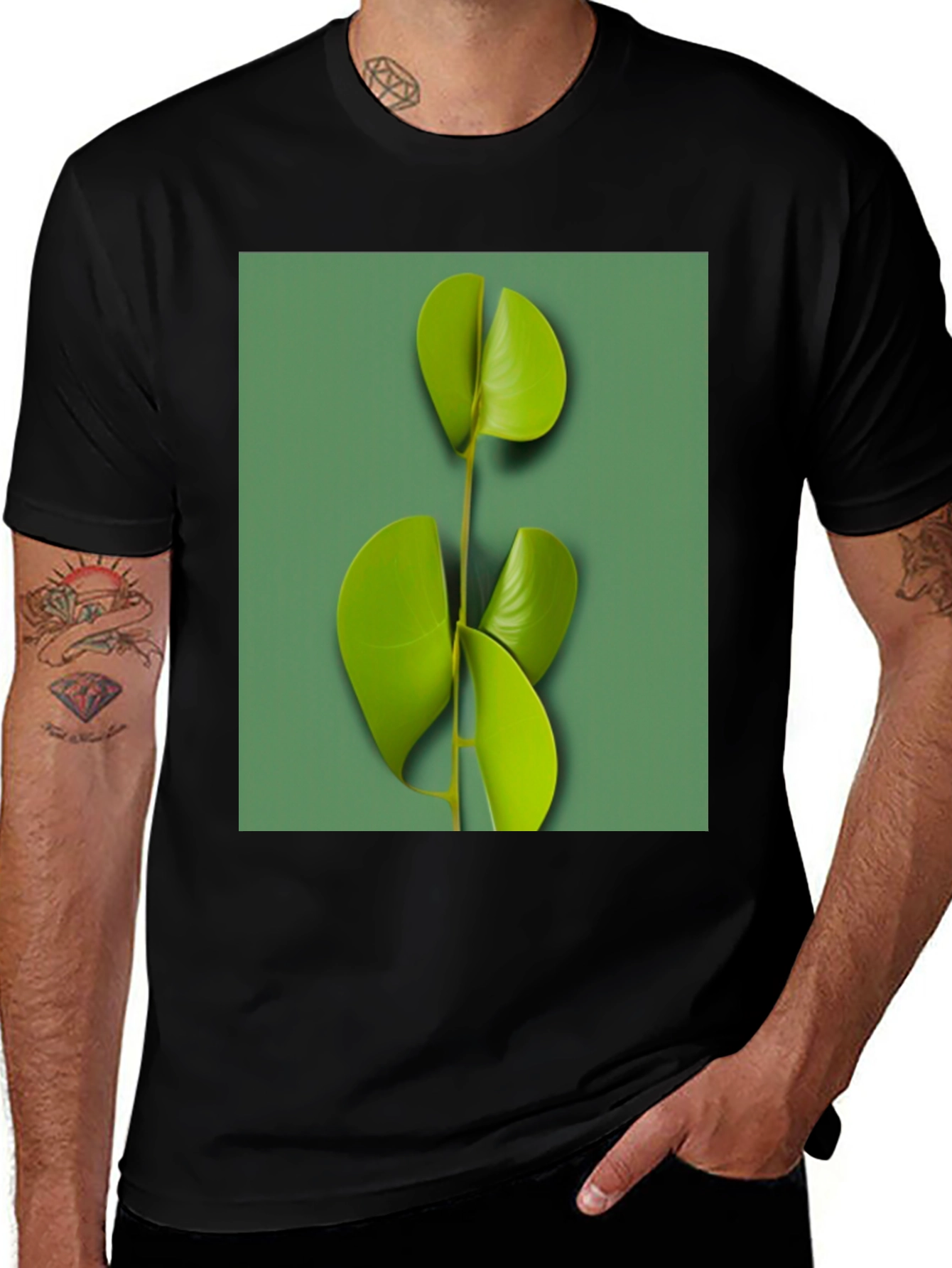 Modern Leaf Print Black T-Shirt
