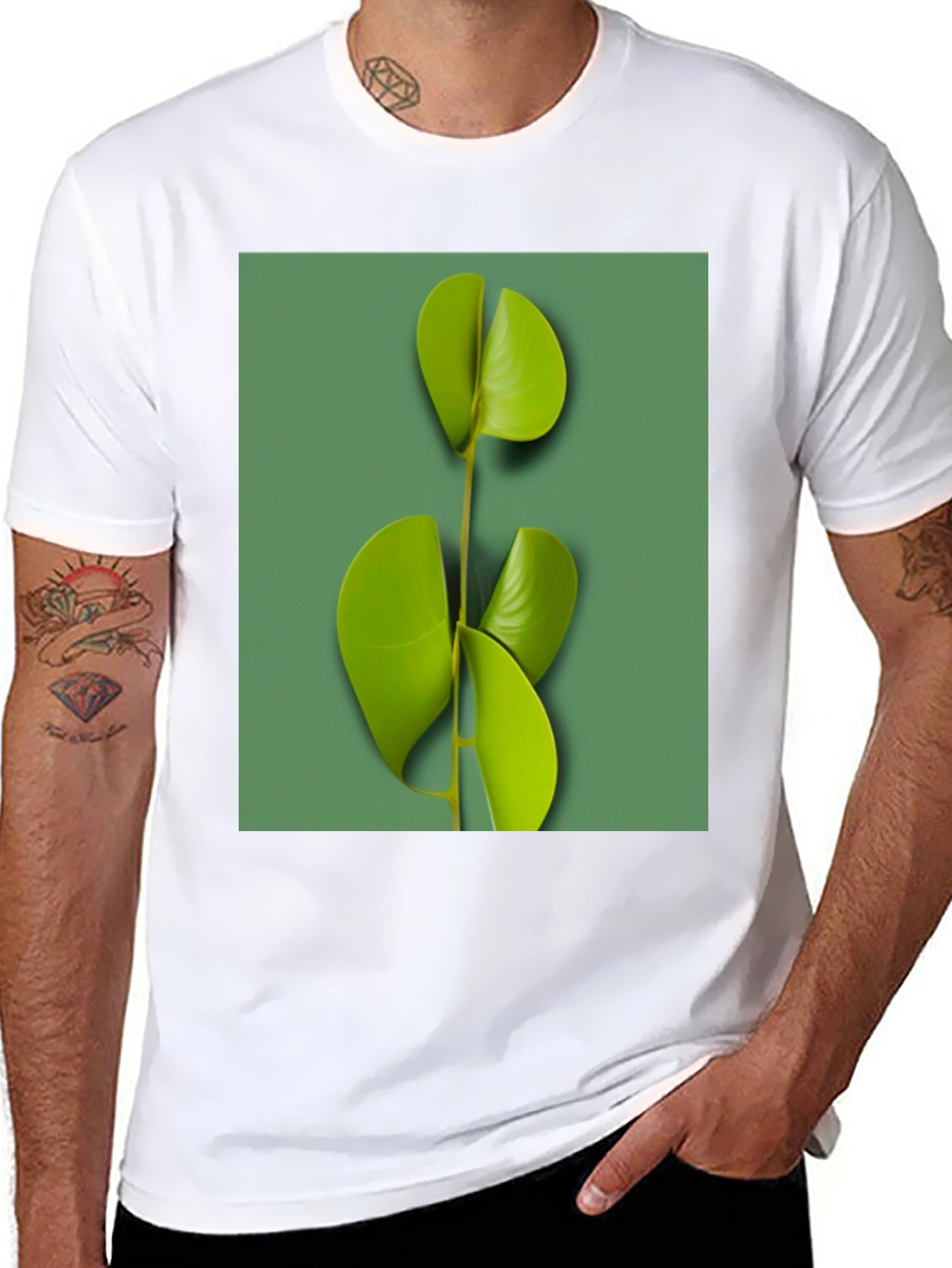 Modern Leaf Print Black T-Shirt