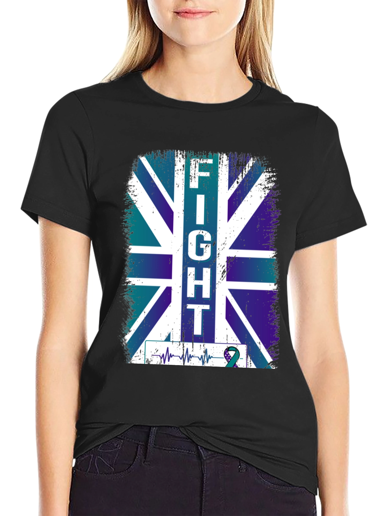 Fight UK Flag T-Shirt - Teal Ribbon Support