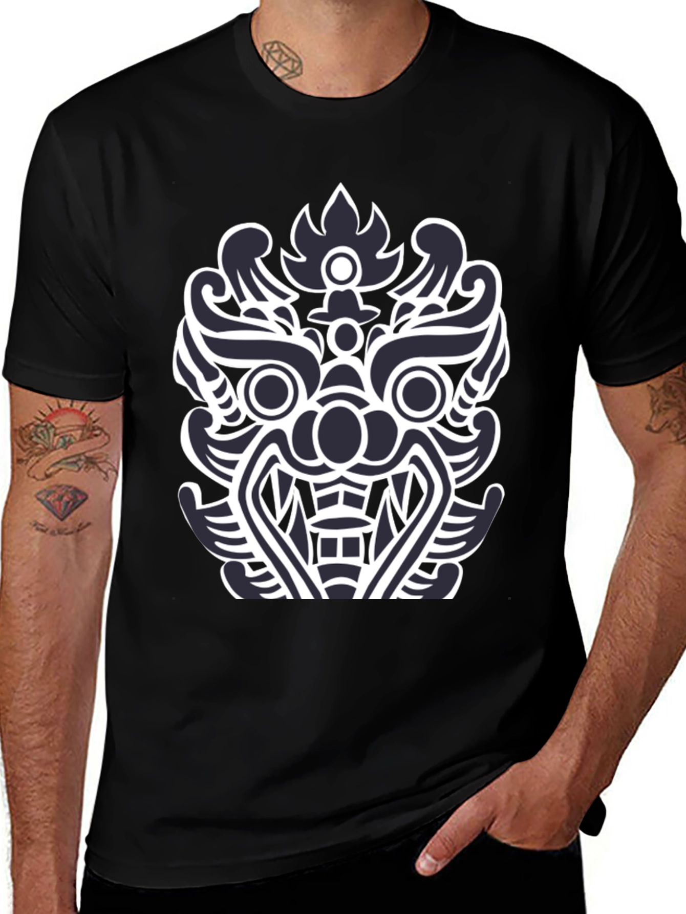 Black T-Shirt with Tribal Mask Design