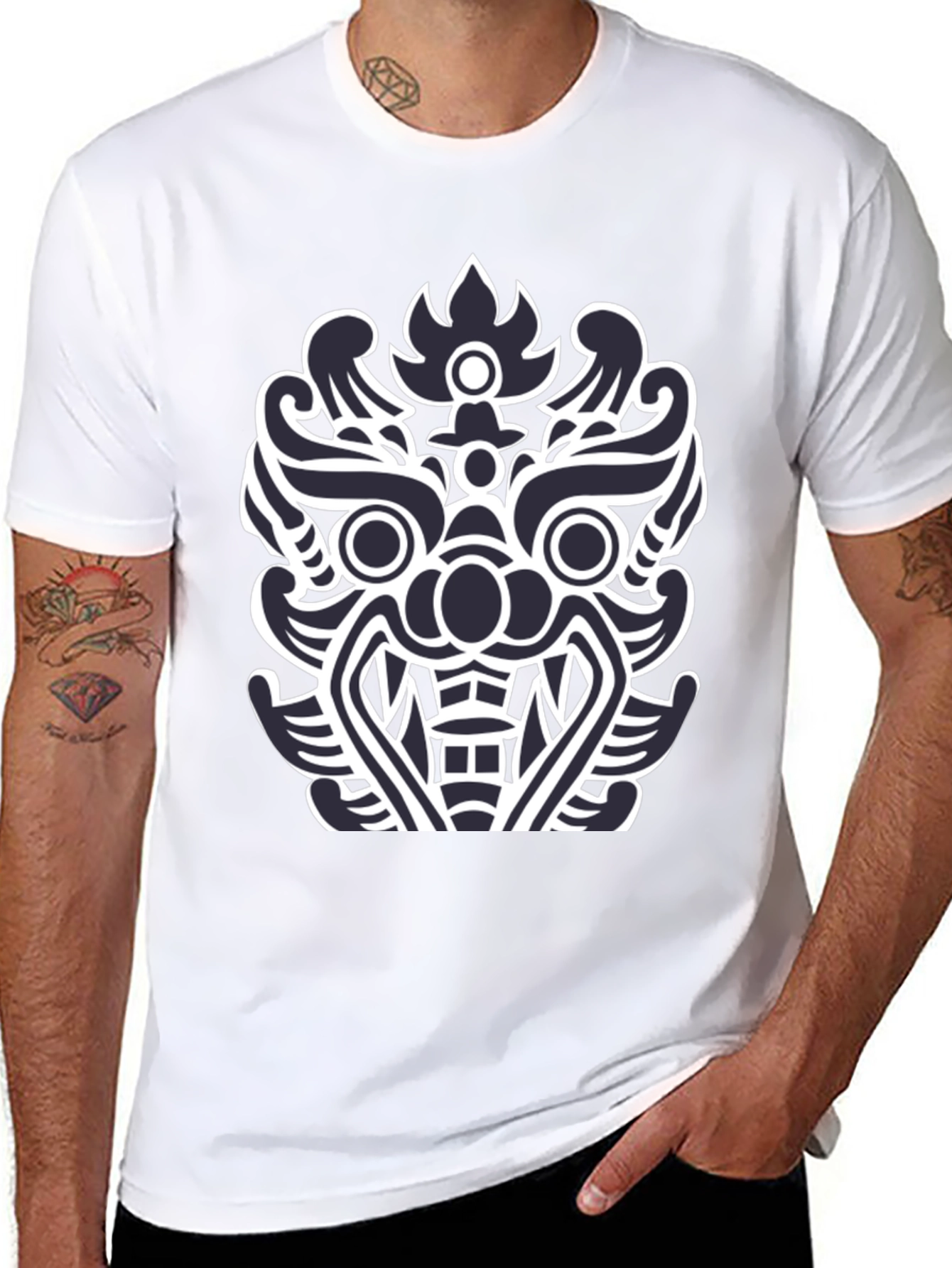 Black T-Shirt with Tribal Mask Design