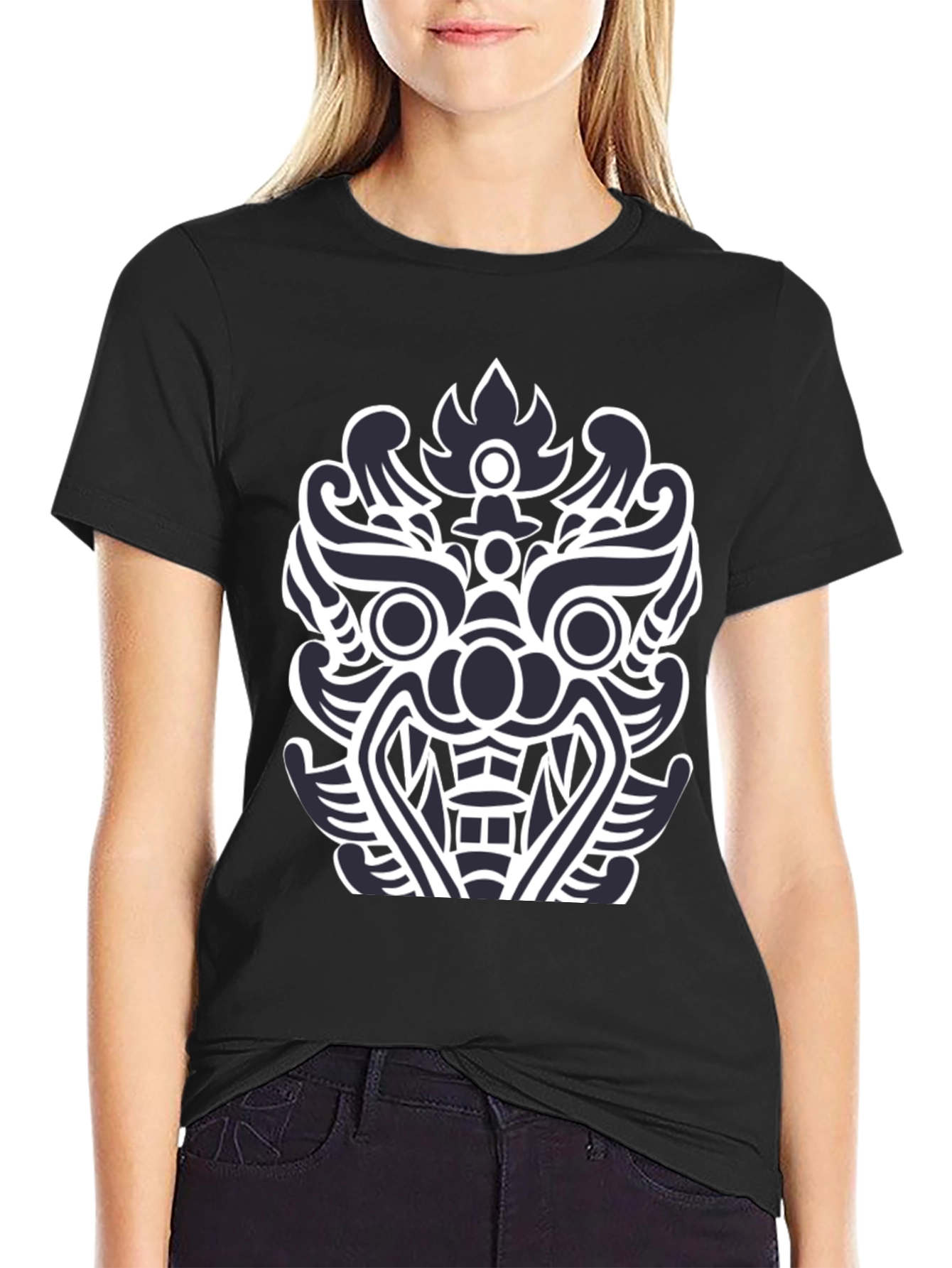 Black T-Shirt with Tribal Mask Design
