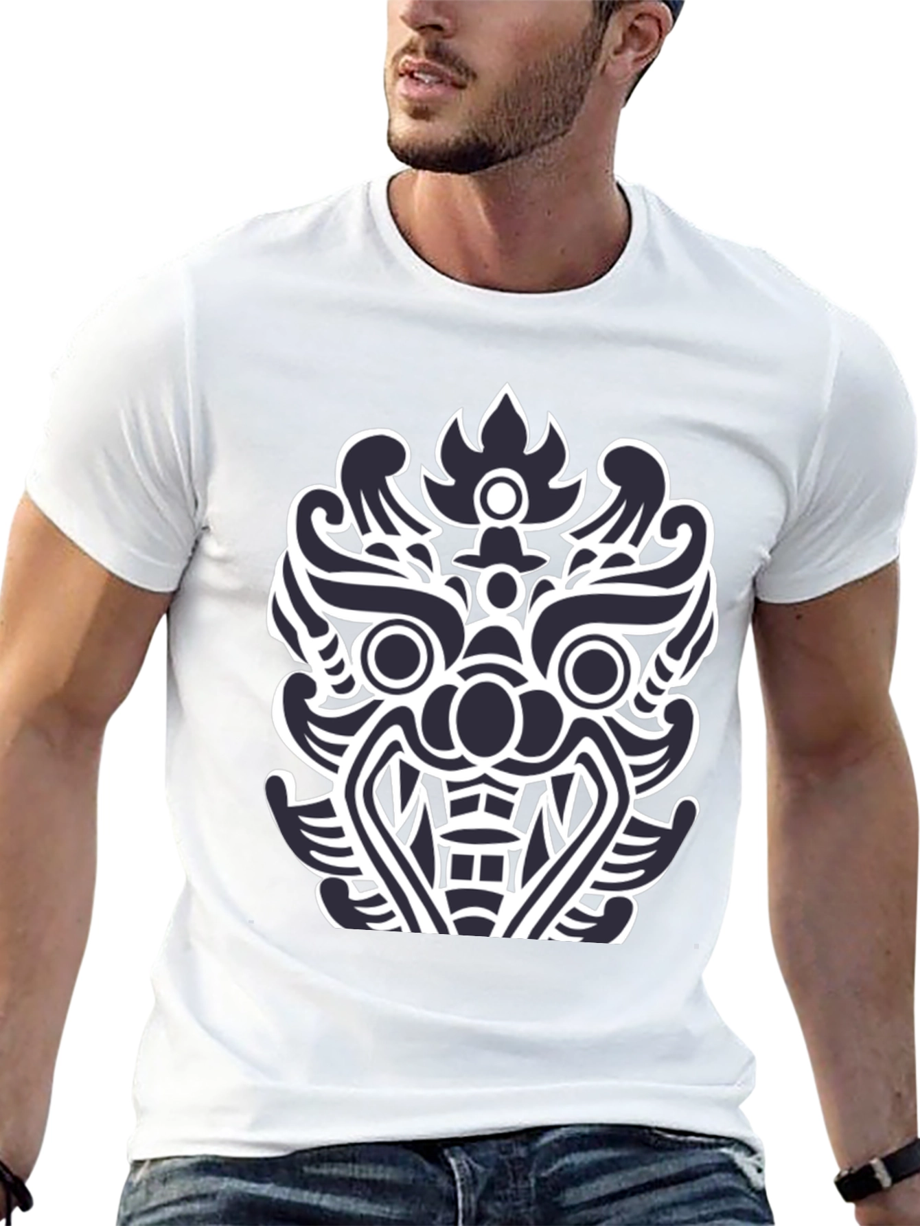 Black T-Shirt with Tribal Mask Design