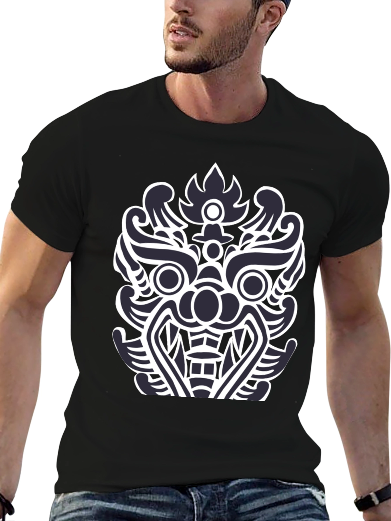 Black T-Shirt with Tribal Mask Design