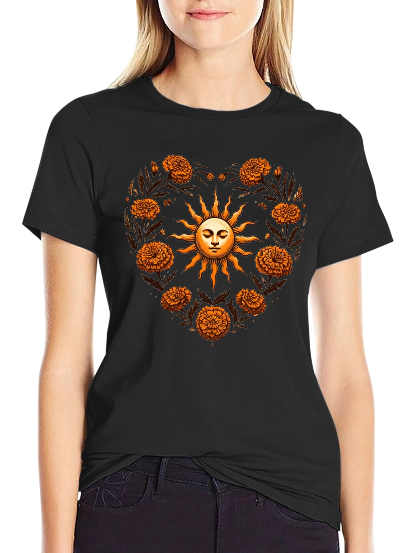 Floral Sun Heart T-Shirt - Black