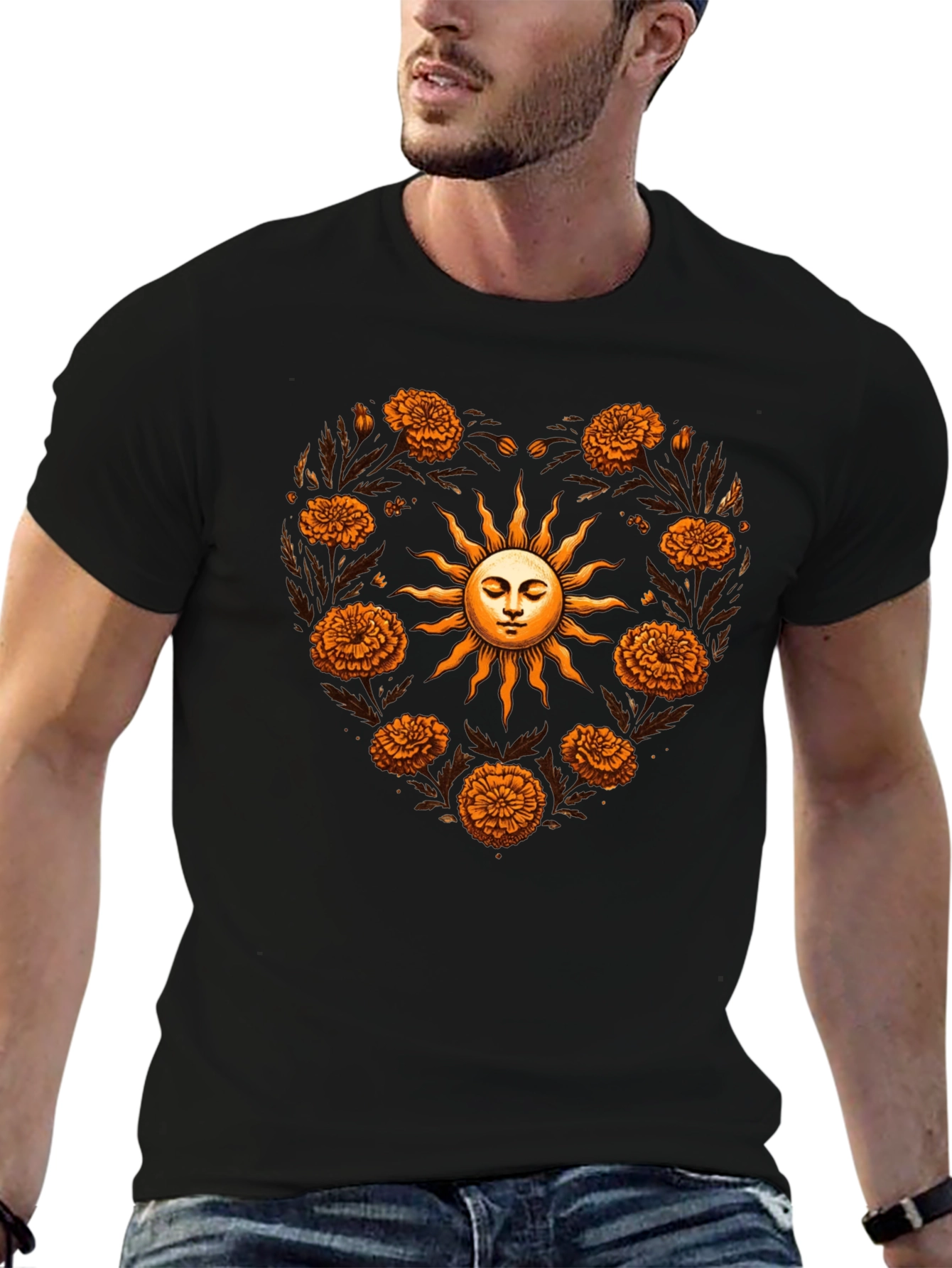 Floral Sun Heart T-Shirt - Black