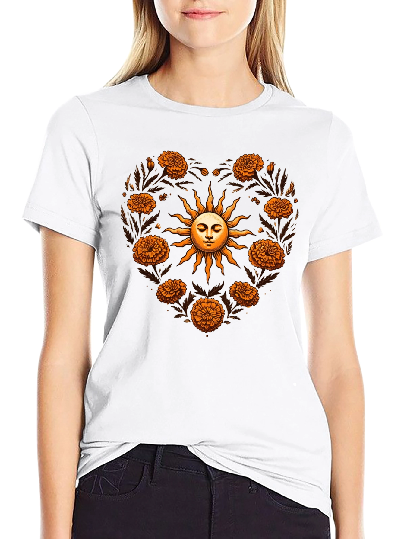 Floral Sun Heart T-Shirt - Black