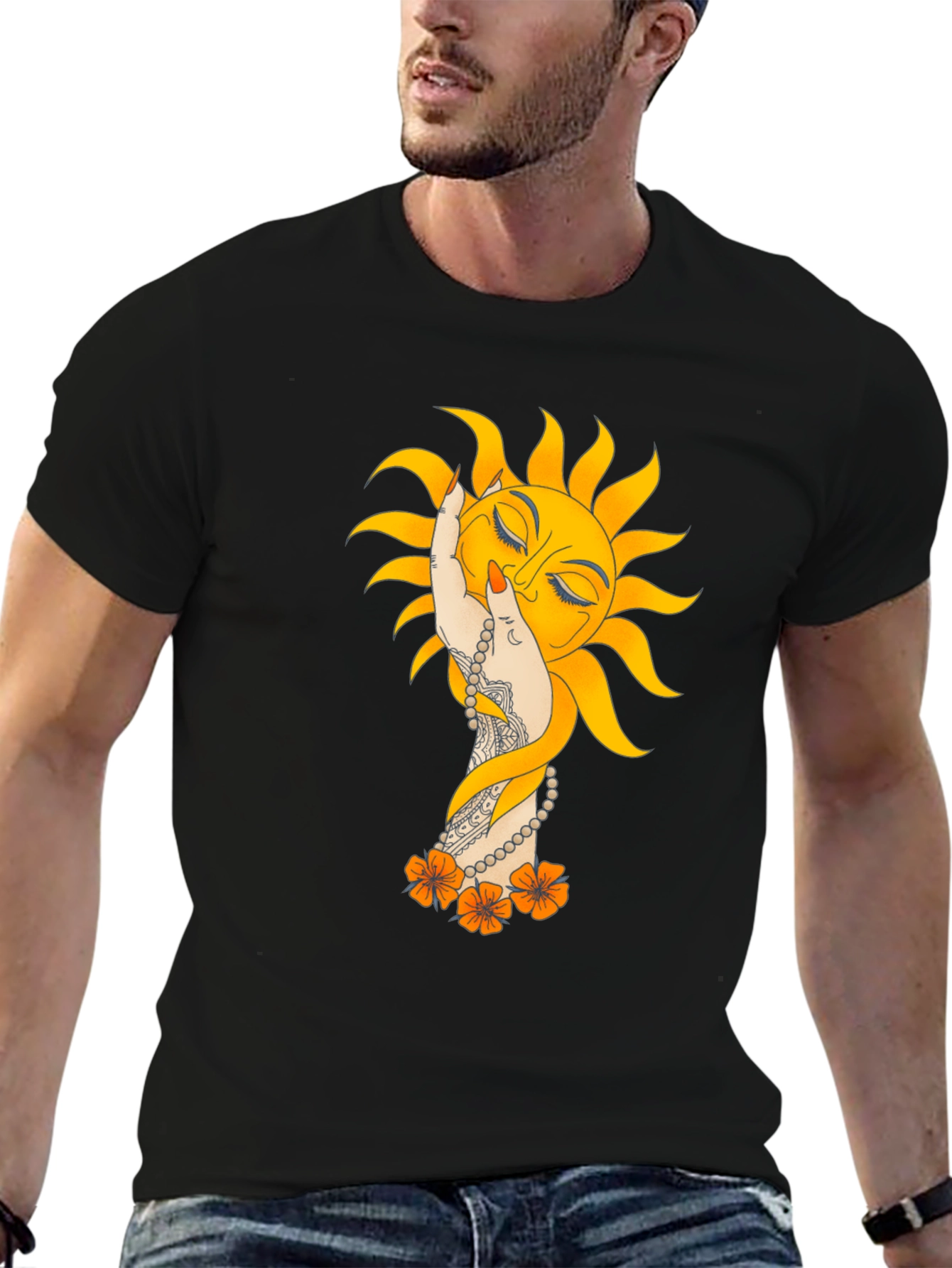 Sun Hand Graphic Tee - Stylish Black T-Shirt