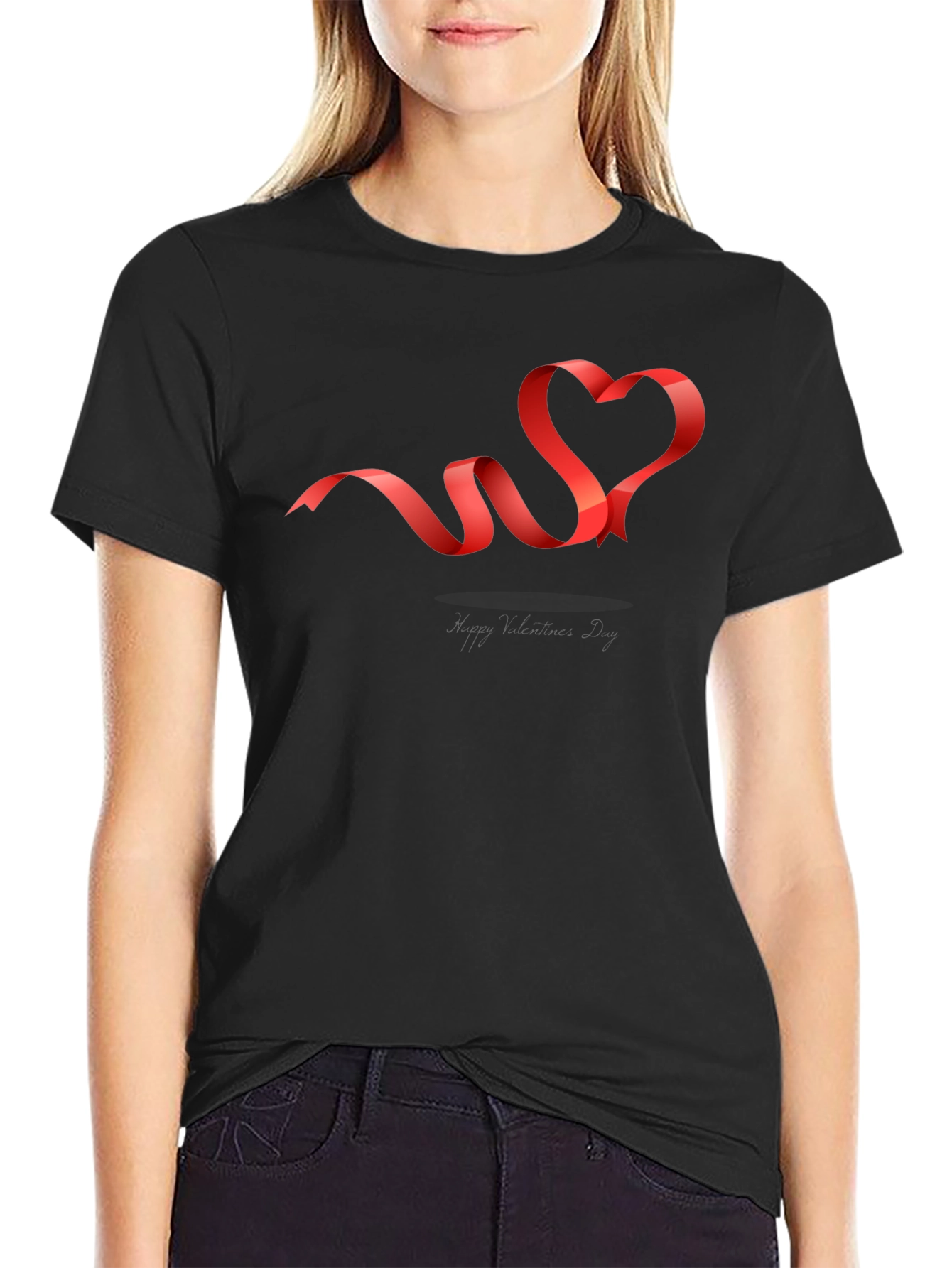 Heart Ribbon Graphic Tee - Black Casual T-Shirt