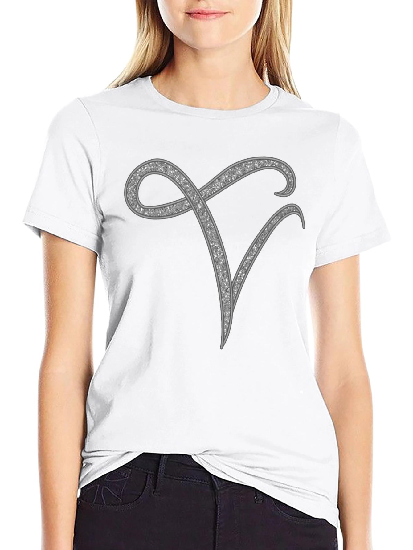 Stylish Initial V Rhinestone Graphic T-Shirt