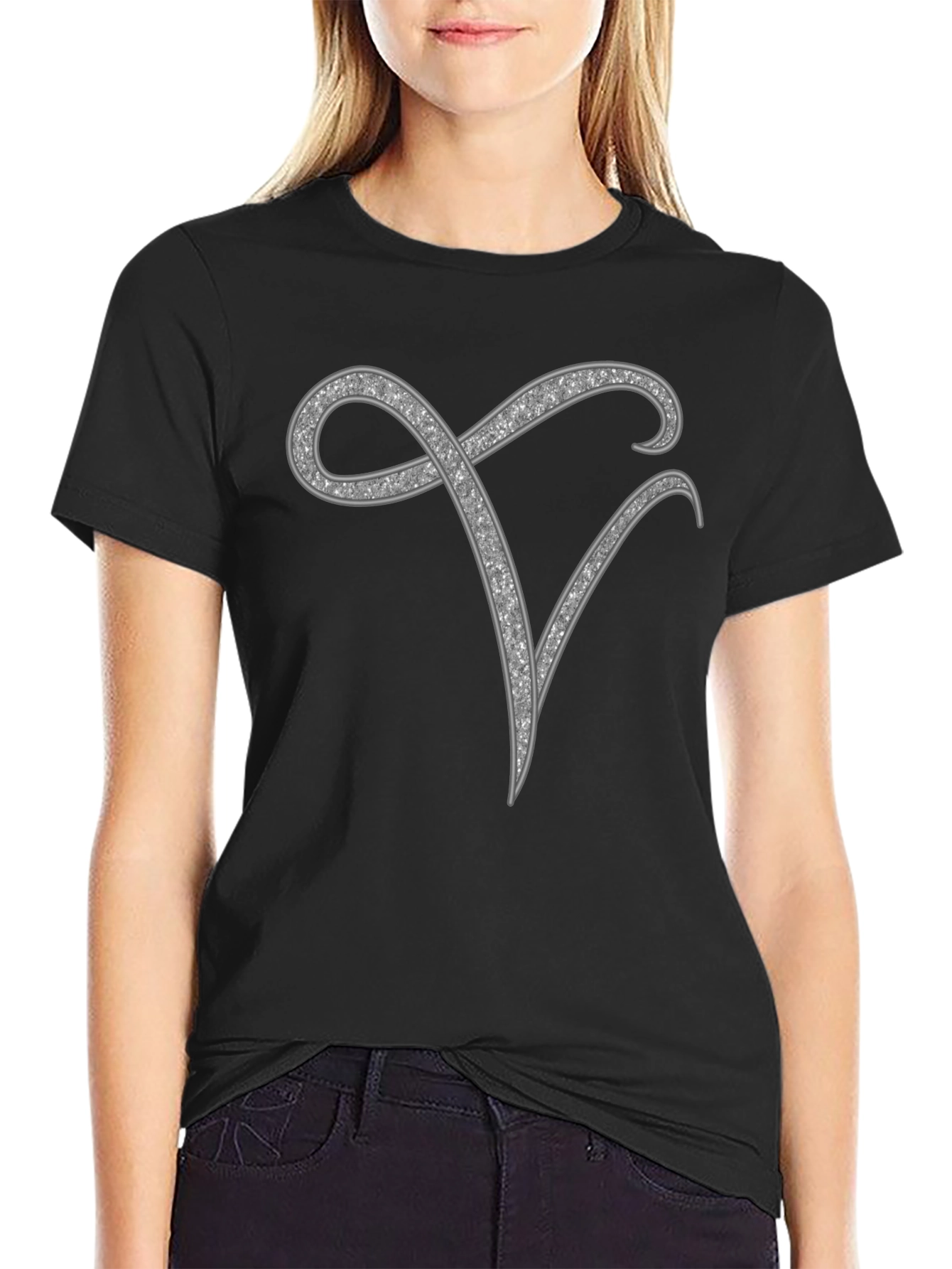 Stylish Initial V Rhinestone Graphic T-Shirt
