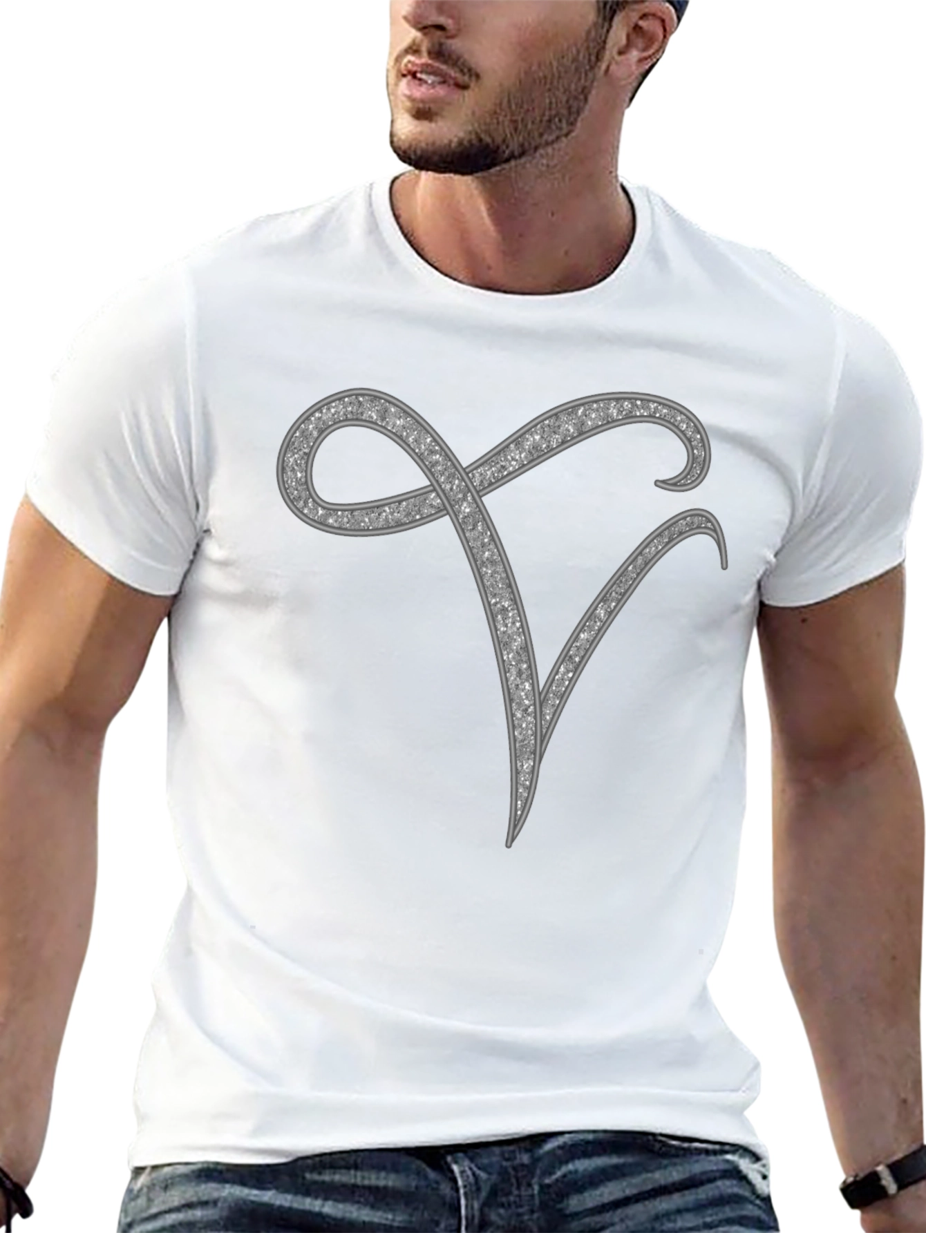 Stylish Initial V Rhinestone Graphic T-Shirt