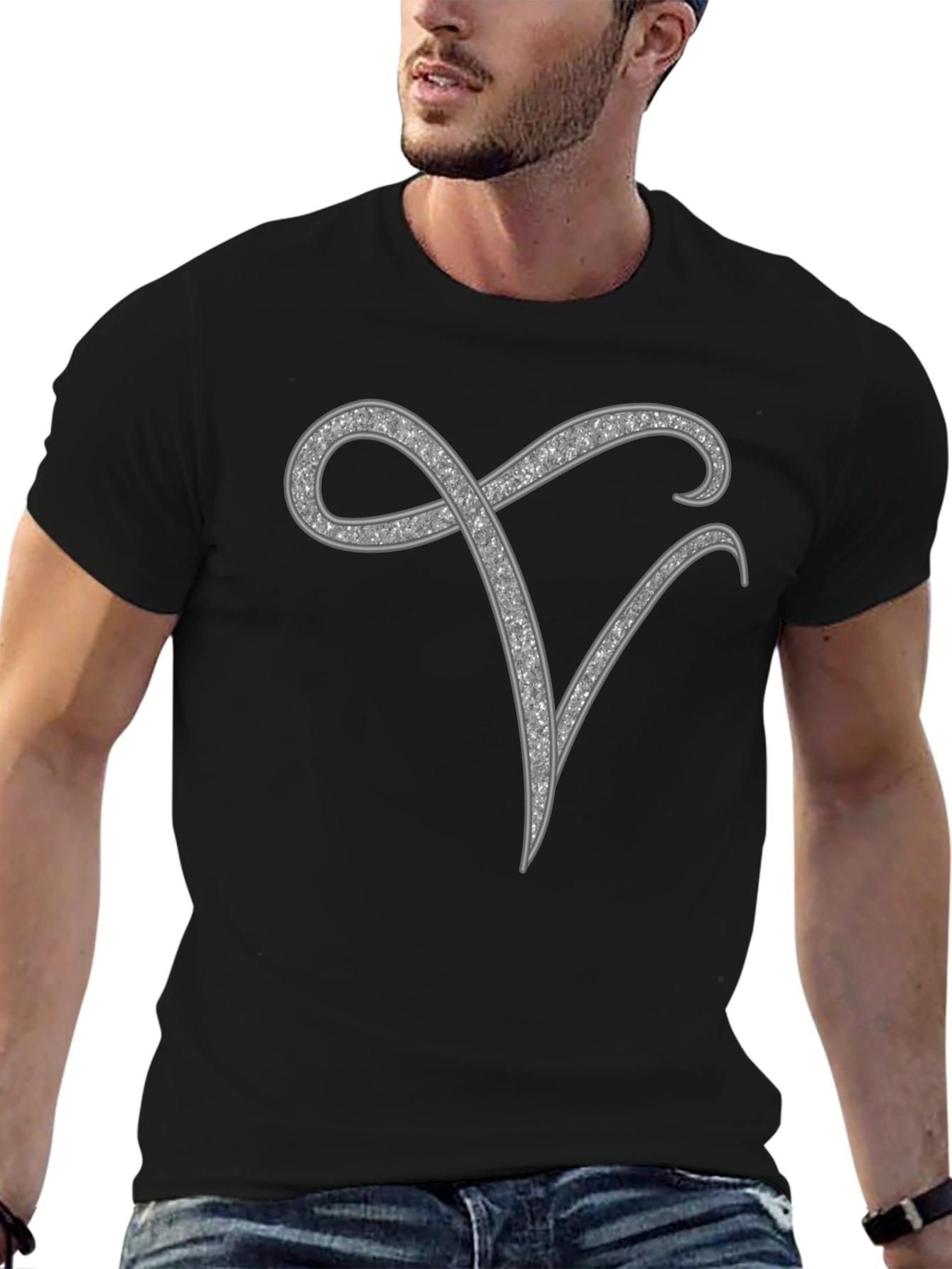 Stylish Initial V Rhinestone Graphic T-Shirt