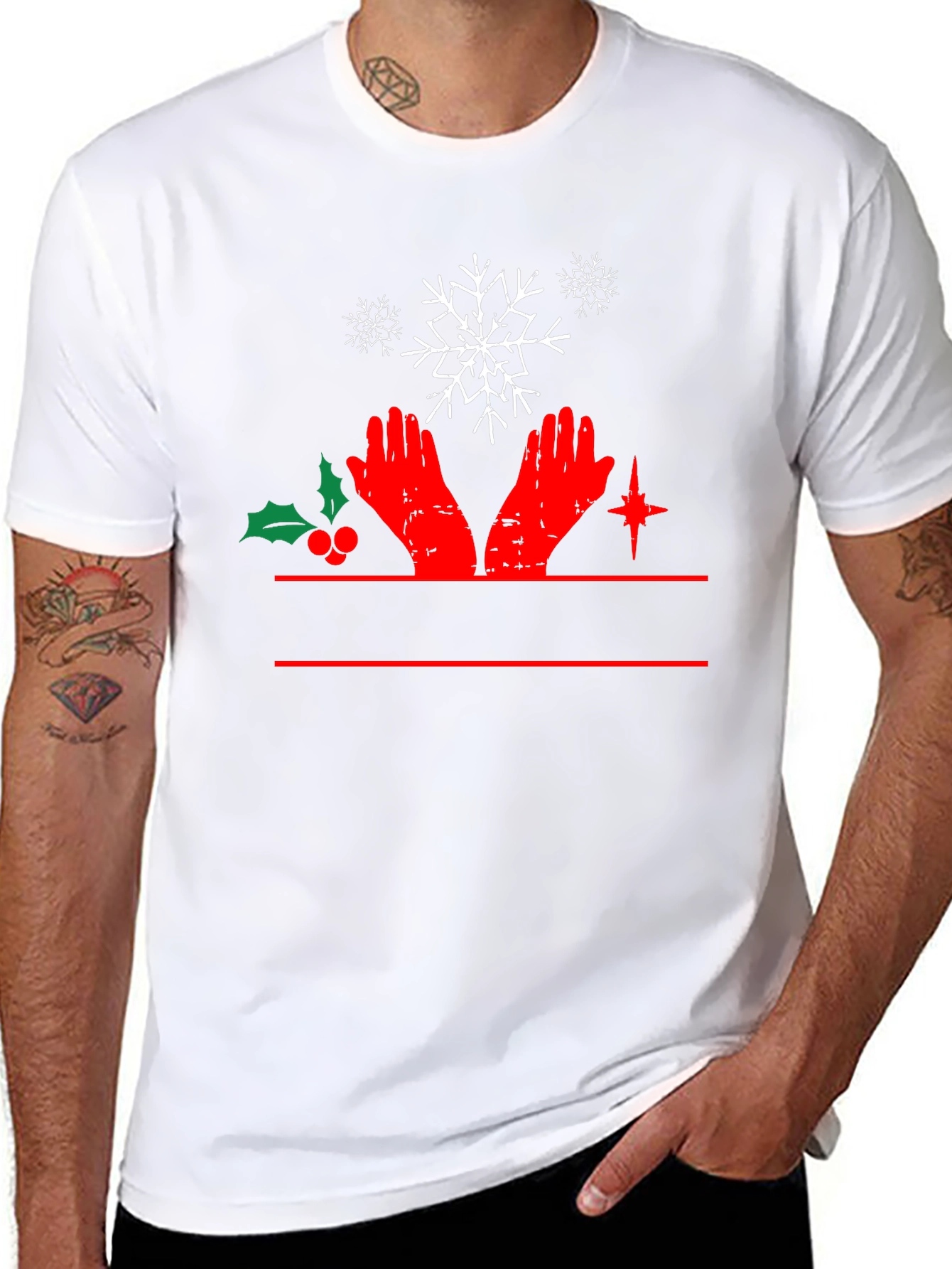 Festive Christmas Hands & Snowflake Black T-Shirt